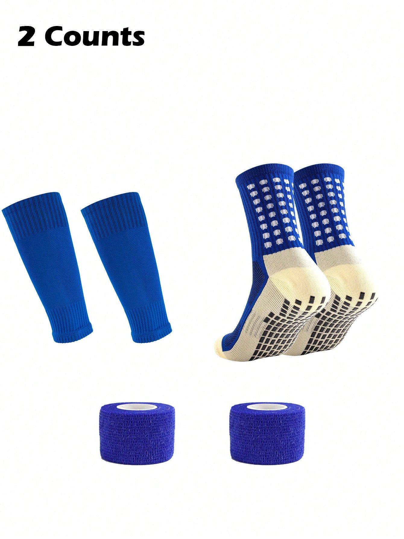 2 Pairs Mens Grip Soccer Socks And 2 Pairs Shin Sleeves With 2 Packs Sport Tape, Soccer Game Set 6 Pcs.