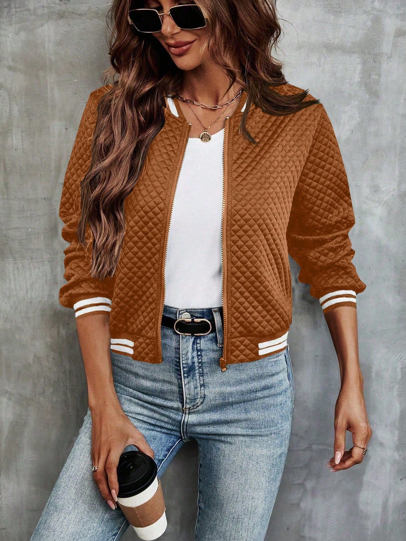 LUNE Striped Trim Zip Up Bomber Jacket