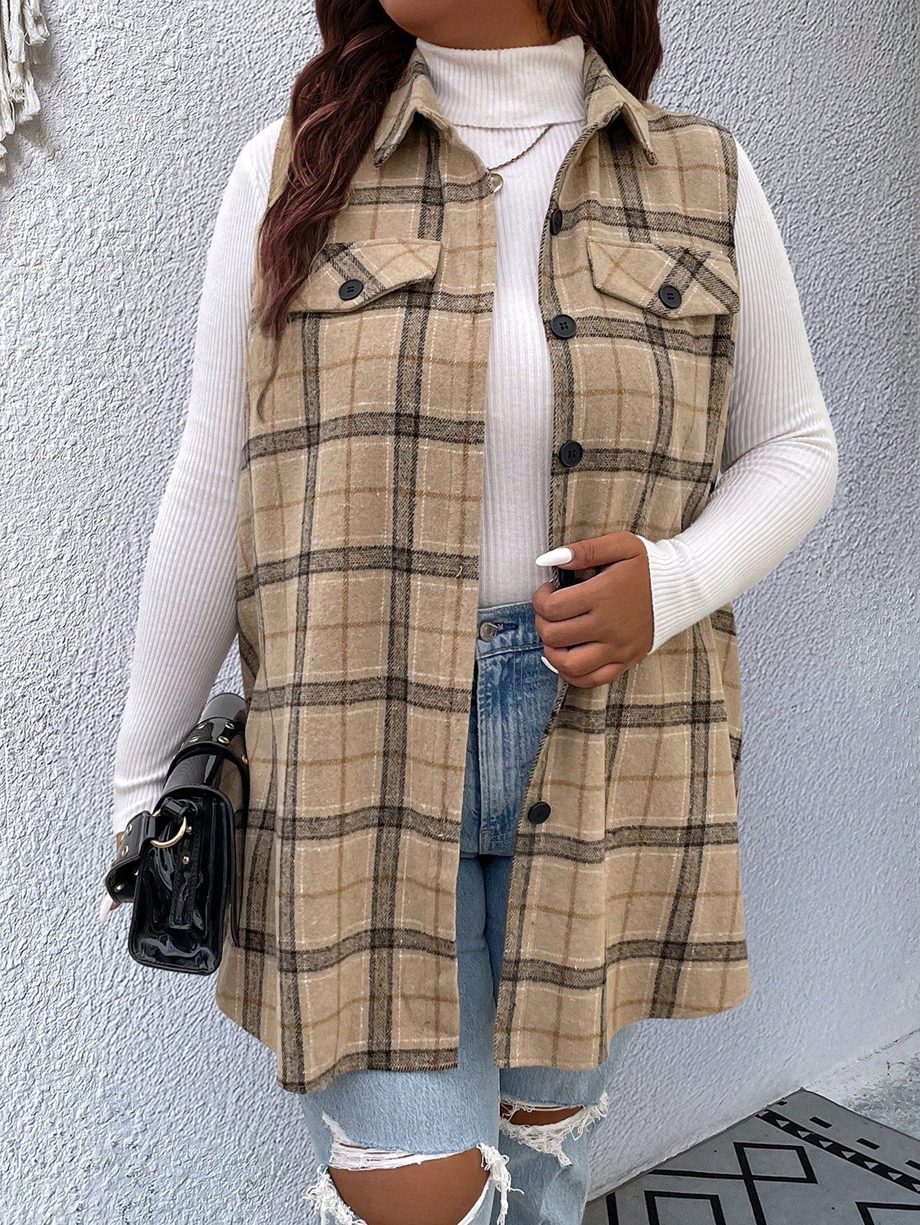 Plus Size Casual Plaid Sleeveless Jacket, Autumn, For Winter