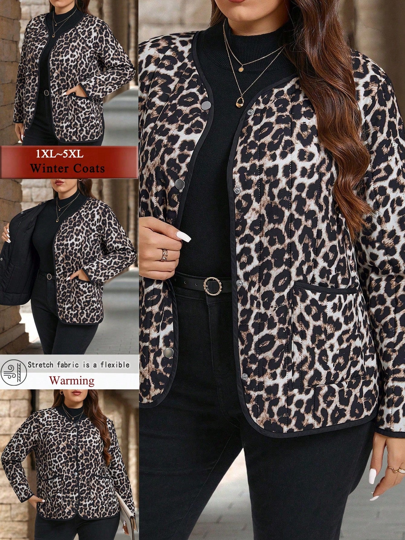 EMERY ROSE Plus Size Winter Clothes For Women Coats For Women Thermal Winter Women Coat Costume Leopard Print Pockets Casual Long Sleeve Jacket