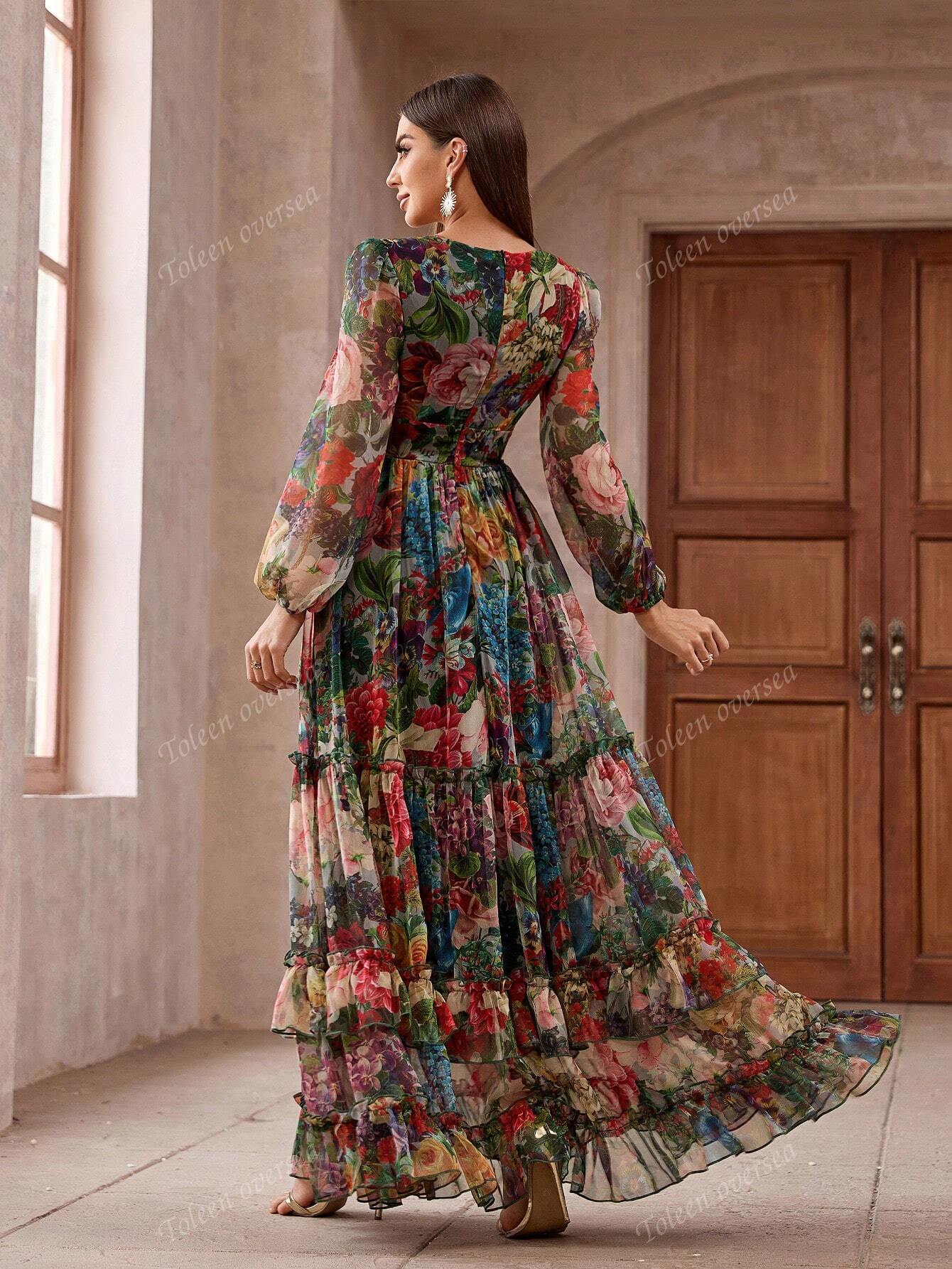 Women Vintage Floral Print Long Sleeve Frill Trim Summer Maxi Dress