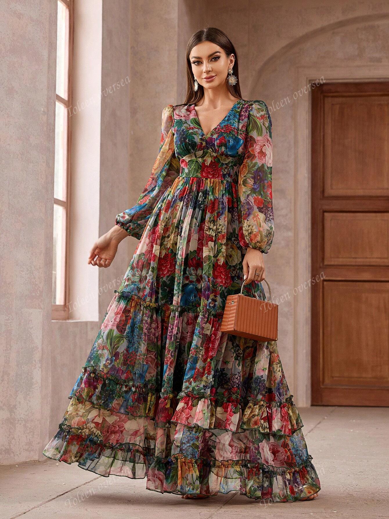 Women Vintage Floral Print Long Sleeve Frill Trim Summer Maxi Dress