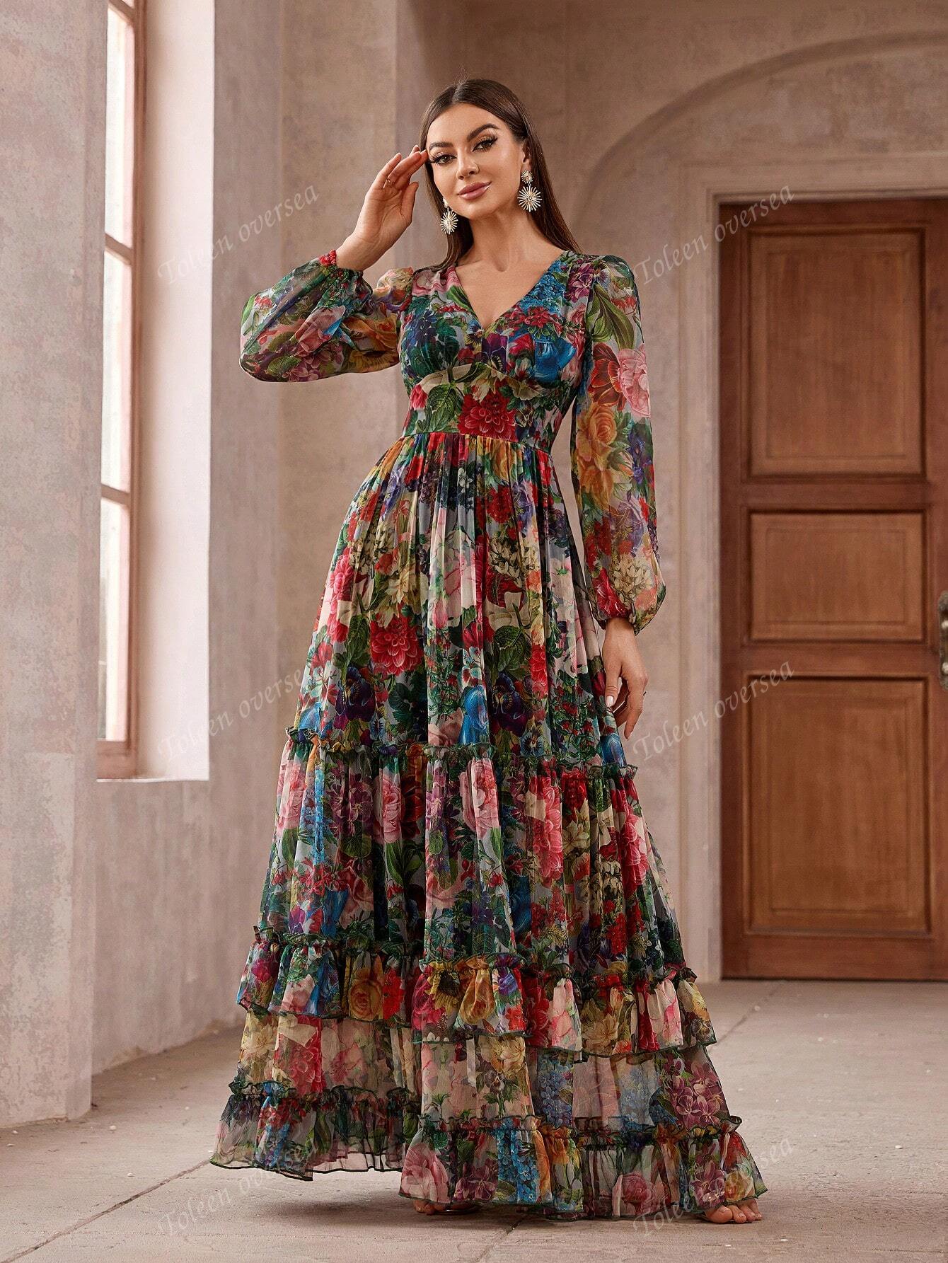 Women Vintage Floral Print Long Sleeve Frill Trim Summer Maxi Dress