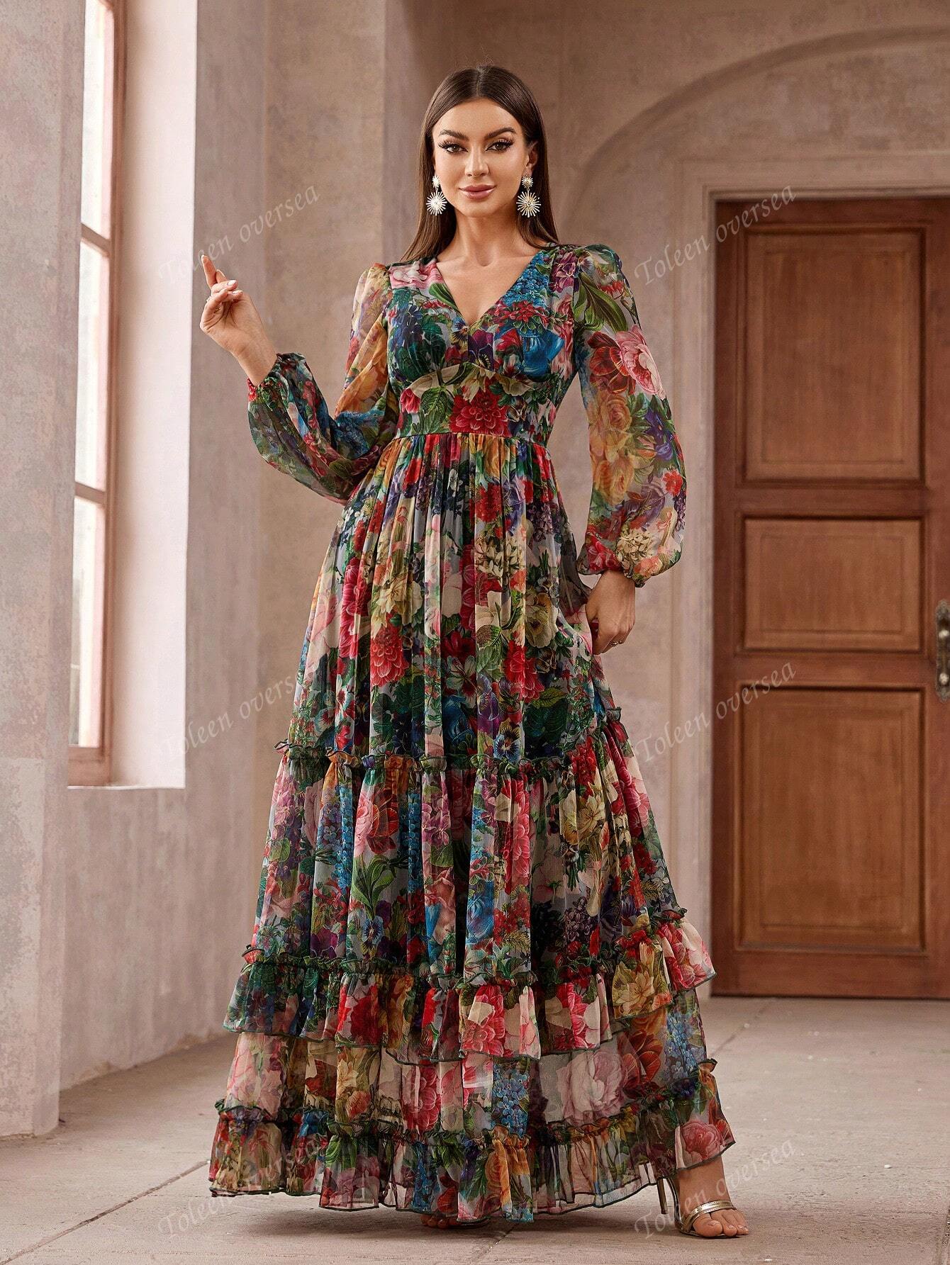 Women Vintage Floral Print Long Sleeve Frill Trim Summer Maxi Dress