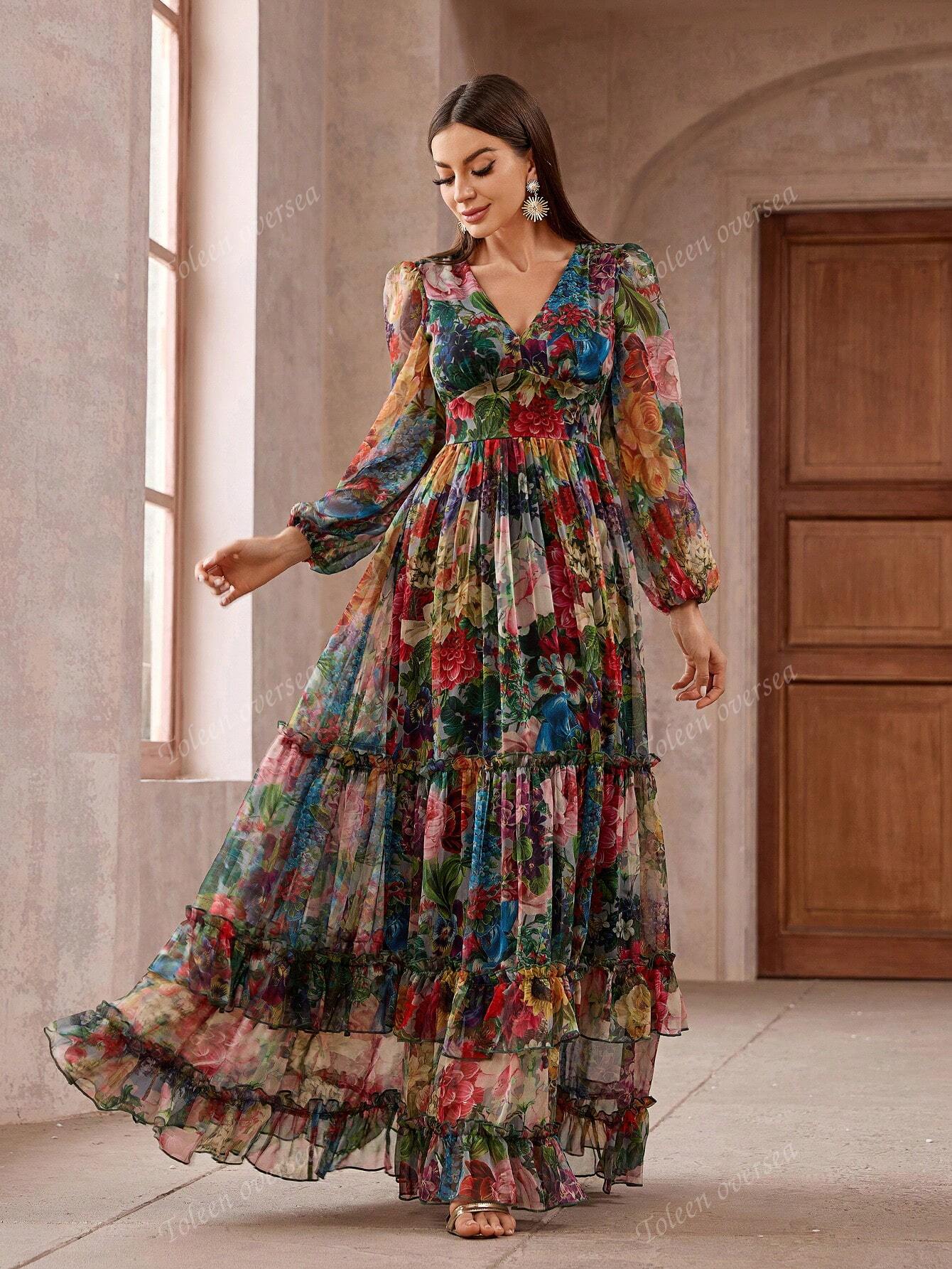 Women Vintage Floral Print Long Sleeve Frill Trim Summer Maxi Dress