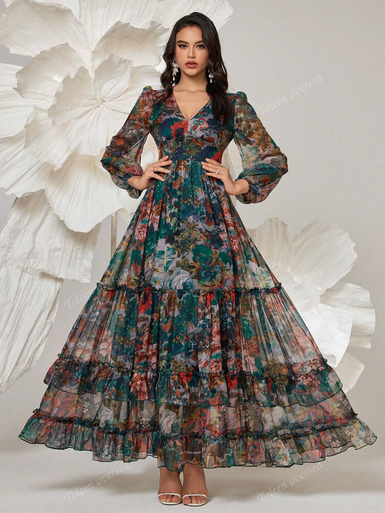 Women Vintage Floral Print Long Sleeve Frill Trim Summer Maxi Dress