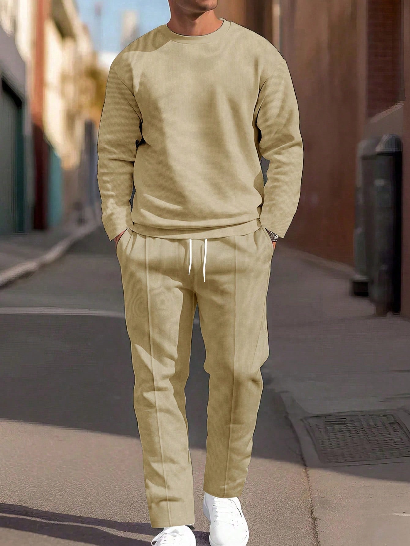 Manfinity Homme Men's Solid Color Round Neck Long Sleeve Simple Top And Casual Long Pants Set