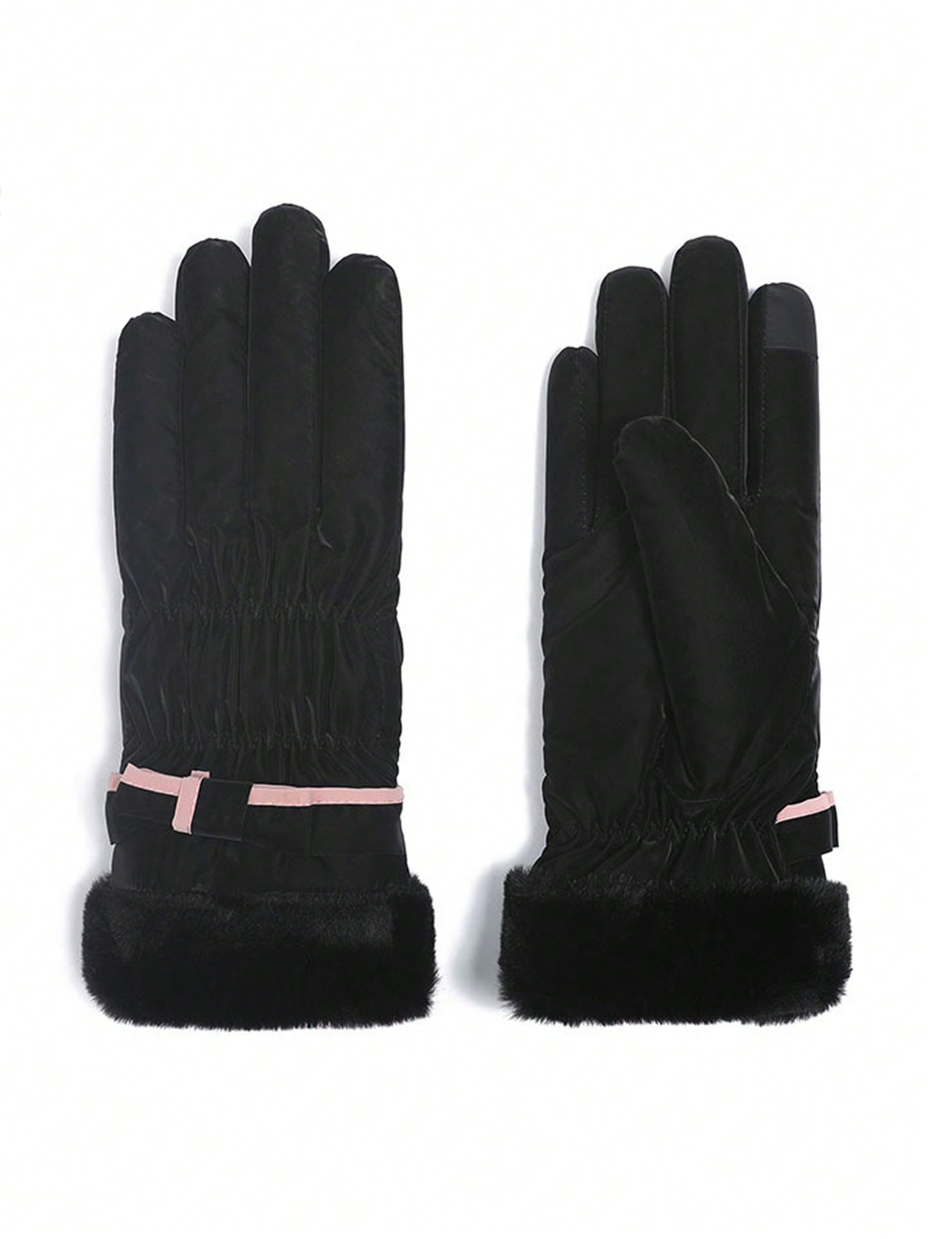 1 Pair Women's Winter Gloves, Thickened And Plush-Lined Touch Screen Warm Gloves For Riding, Mountaineering, Skiing, Windproof And Cold-Resistant, Motorcycle Plush Gloves, Cute Bow Touchscreen Gloves Waterproof Fabric Valentine's Day