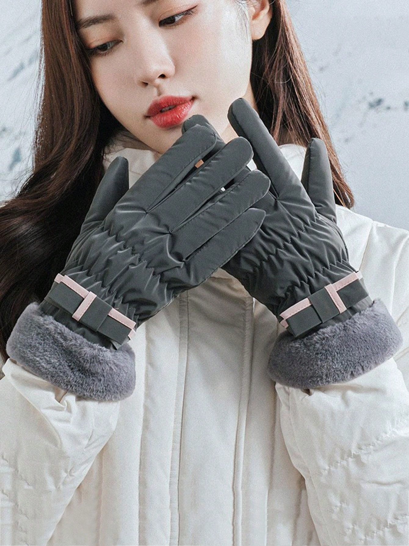 1 Pair Women's Winter Gloves, Thickened And Plush-Lined Touch Screen Warm Gloves For Riding, Mountaineering, Skiing, Windproof And Cold-Resistant, Motorcycle Plush Gloves, Cute Bow Touchscreen Gloves Waterproof Fabric Valentine's Day