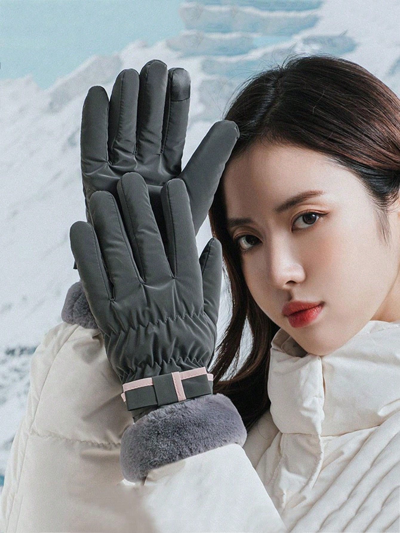 1 Pair Women's Winter Gloves, Thickened And Plush-Lined Touch Screen Warm Gloves For Riding, Mountaineering, Skiing, Windproof And Cold-Resistant, Motorcycle Plush Gloves, Cute Bow Touchscreen Gloves Waterproof Fabric Valentine's Day