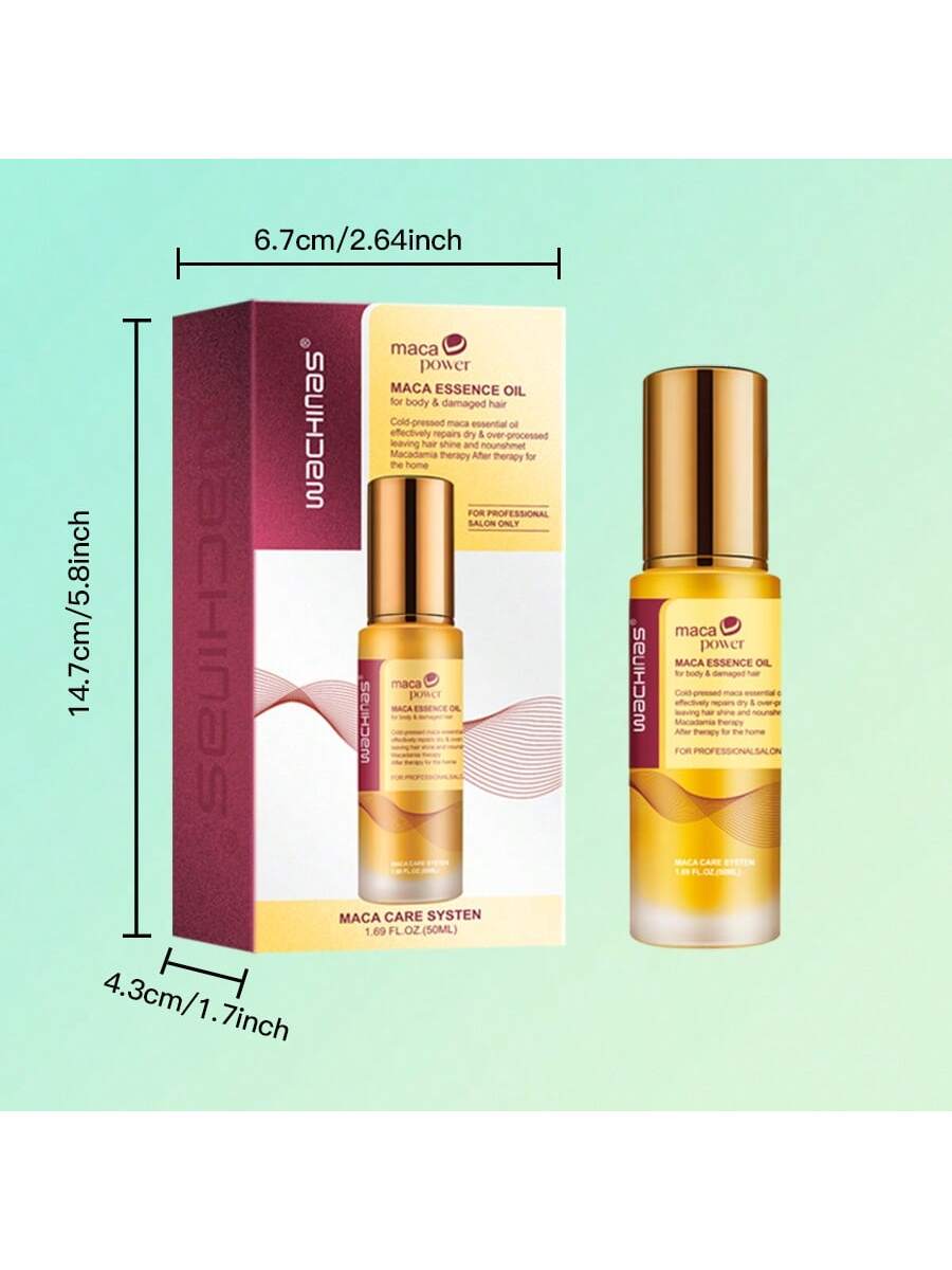 50ml/BOX Moroccan Argan Hair Treatment Oil, Maca Oil, Suitable For Dry, Curly, Heat Damaged Hair. The Maca Essence Oil Can Gently Revitalize The Hair, Relax The Tense Scalp, And Contains Moroccan Argan Oil