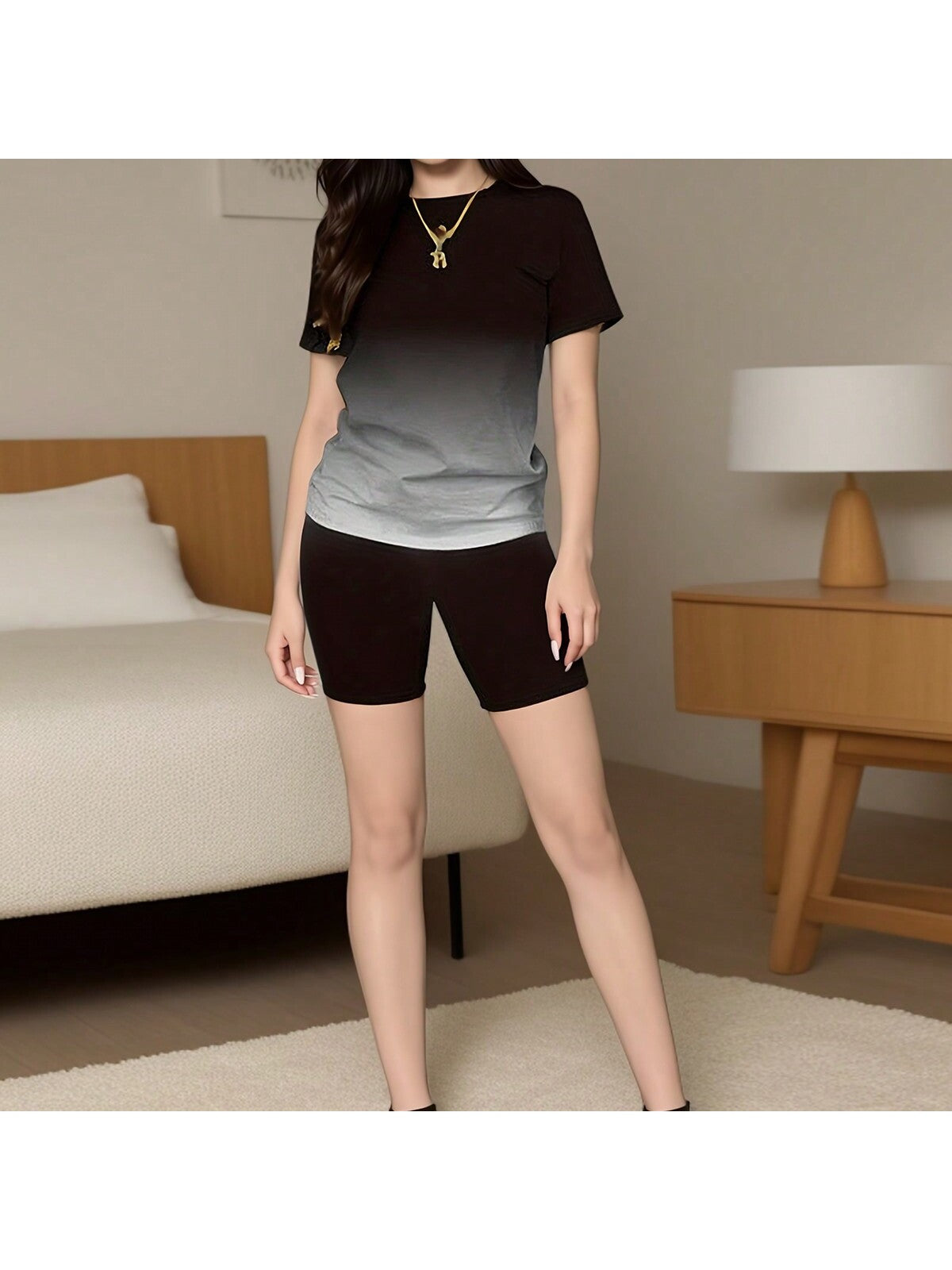 Black Gradient Tracksuit, Round Neck Short Suit, Women's Summer Sports Style Suit, Short Sleeve Shorts 2 Piece Set, For Sports Lovers To Provide Gifts