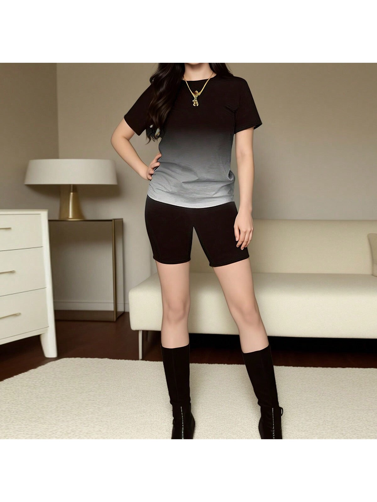 Black Gradient Tracksuit, Round Neck Short Suit, Women's Summer Sports Style Suit, Short Sleeve Shorts 2 Piece Set, For Sports Lovers To Provide Gifts