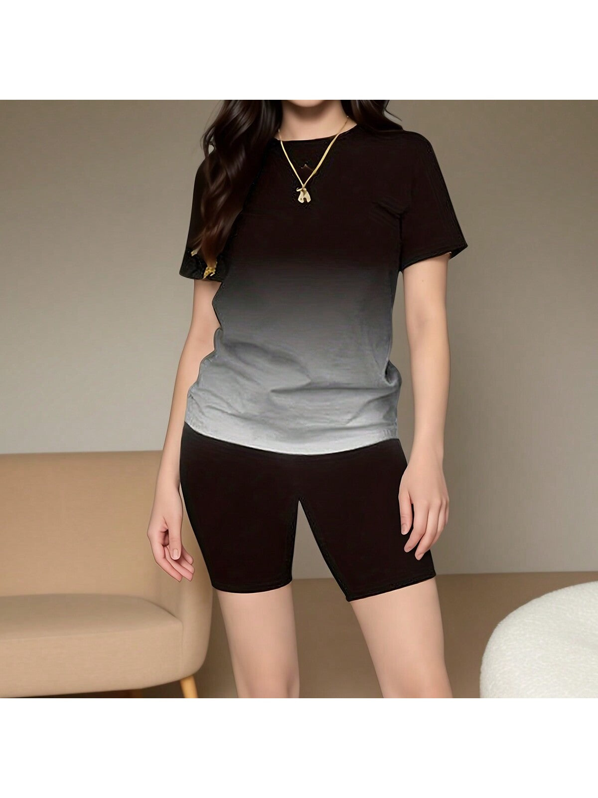 Black Gradient Tracksuit, Round Neck Short Suit, Women's Summer Sports Style Suit, Short Sleeve Shorts 2 Piece Set, For Sports Lovers To Provide Gifts