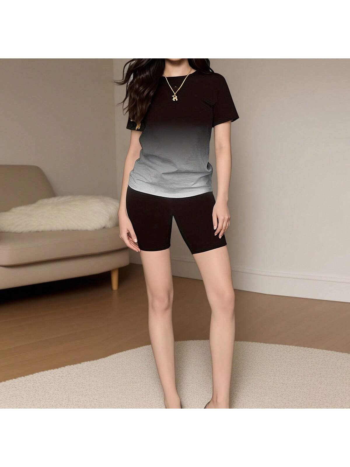 Black Gradient Tracksuit, Round Neck Short Suit, Women's Summer Sports Style Suit, Short Sleeve Shorts 2 Piece Set, For Sports Lovers To Provide Gifts