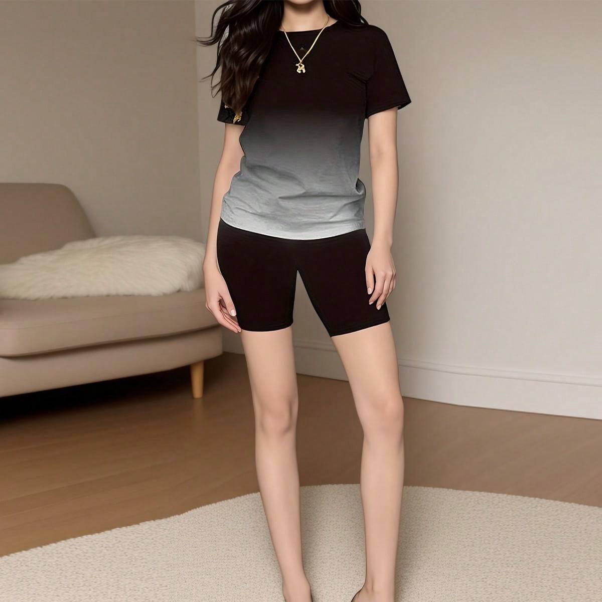 Black Gradient Tracksuit, Round Neck Short Suit, Women's Summer Sports Style Suit, Short Sleeve Shorts 2 Piece Set, For Sports Lovers To Provide Gifts