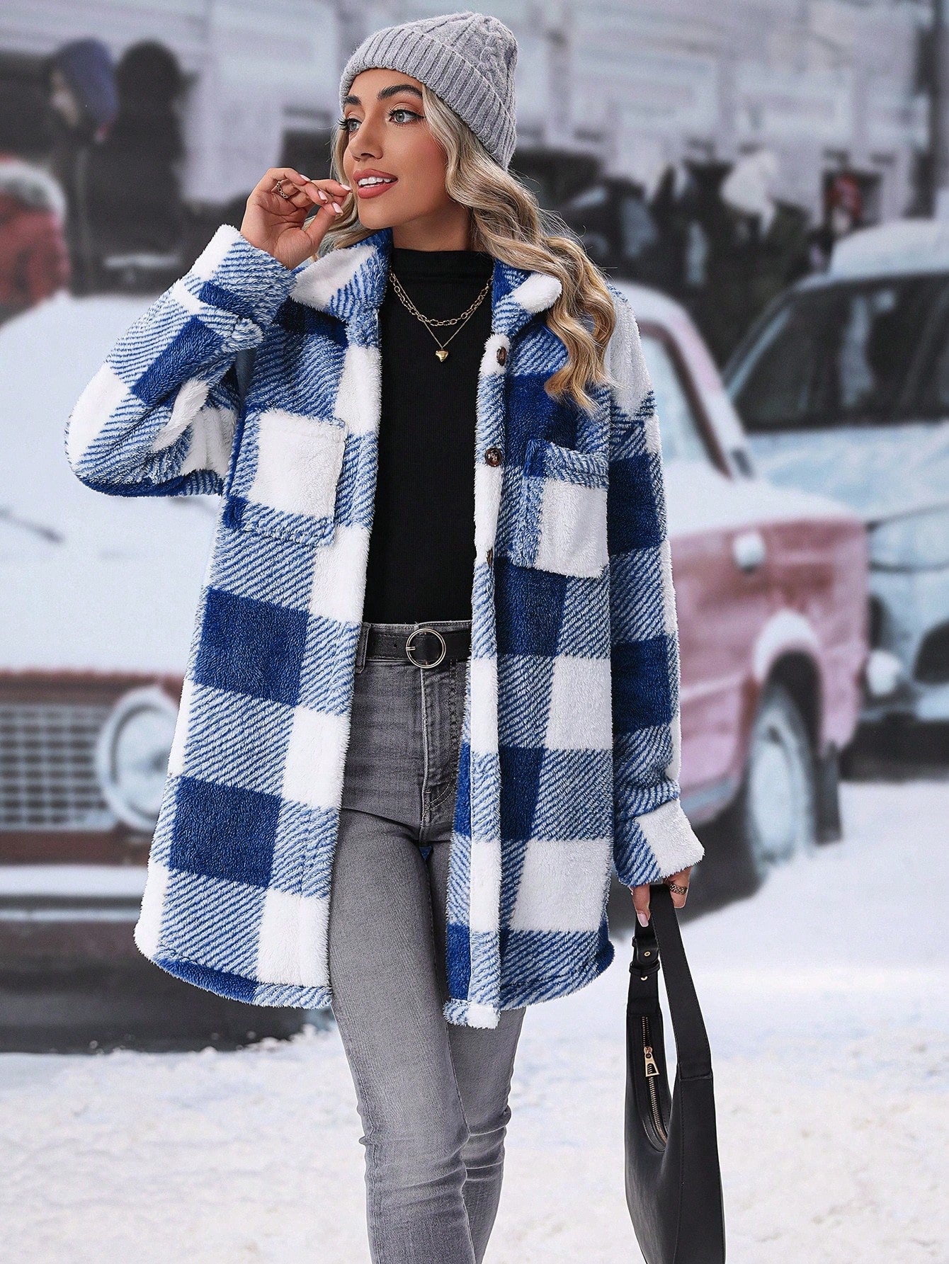 LUNE Buffalo Plaid Pattern Drop Shoulder Teddy Coat