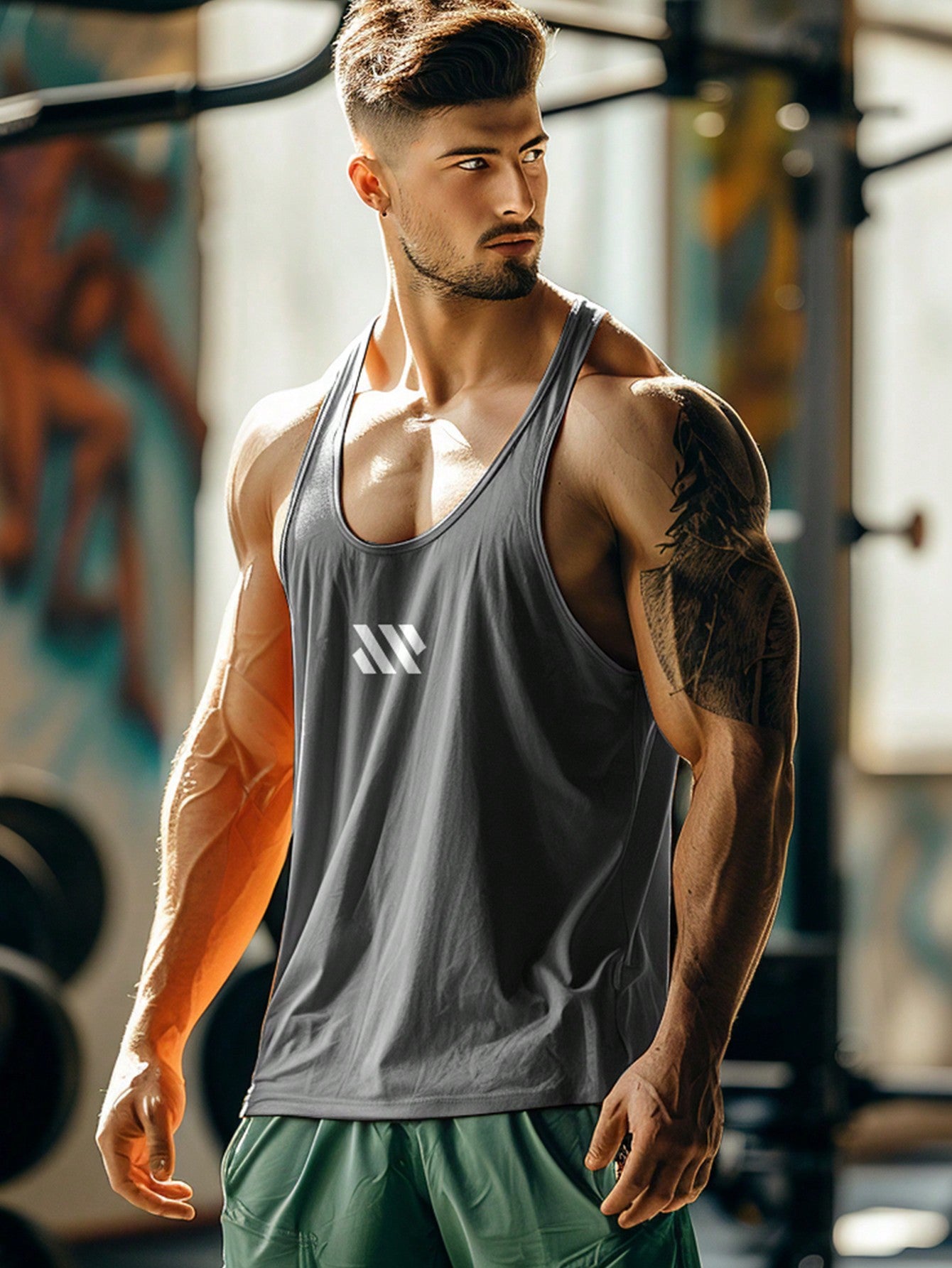 Boyfriend Style Men's Muscle Sportswear Sleeveless Shirt Printed With Diagonal Stripes, Breathable And Quick-Dry Mesh Gym Casual Outdoor Tank Top