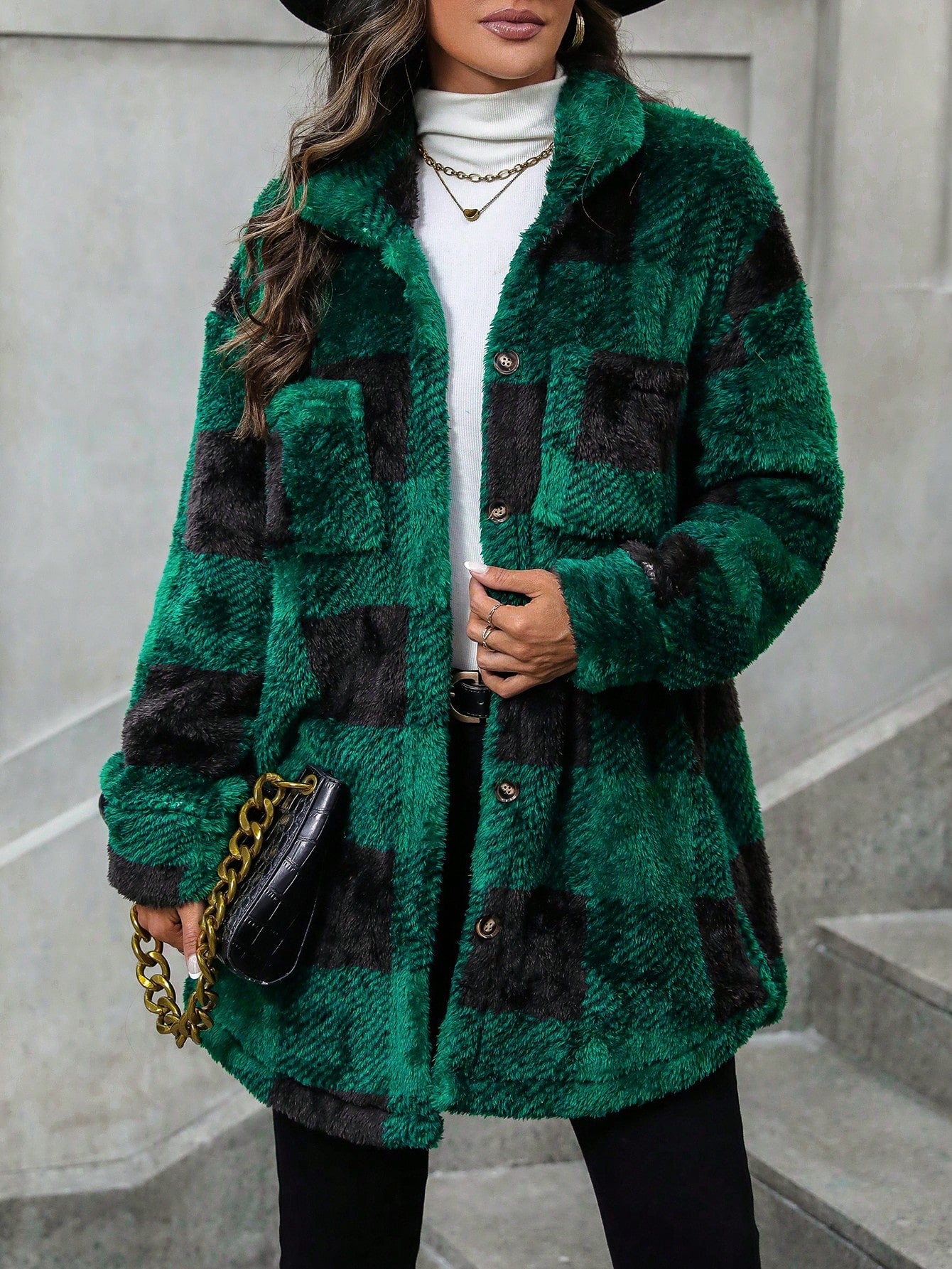 LUNE Buffalo Plaid Pattern Drop Shoulder Teddy Coat