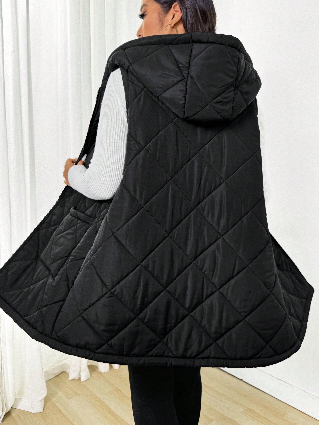 EZwear Plus Size Women,Winter Coat,Long Women Coats,Winter Women Coat,Sleeveless Hooded Padded Black Vest Jacket, Autumn/Winter