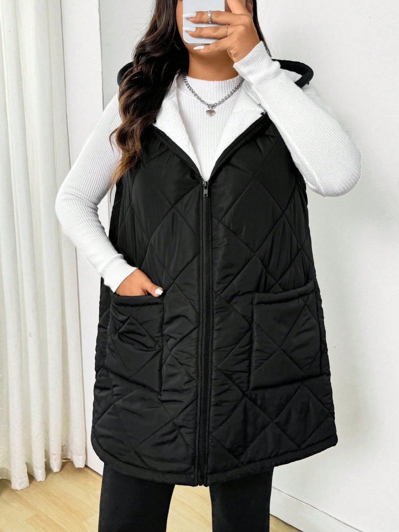 EZwear Plus Size Women,Winter Coat,Long Women Coats,Winter Women Coat,Sleeveless Hooded Padded Black Vest Jacket, Autumn/Winter