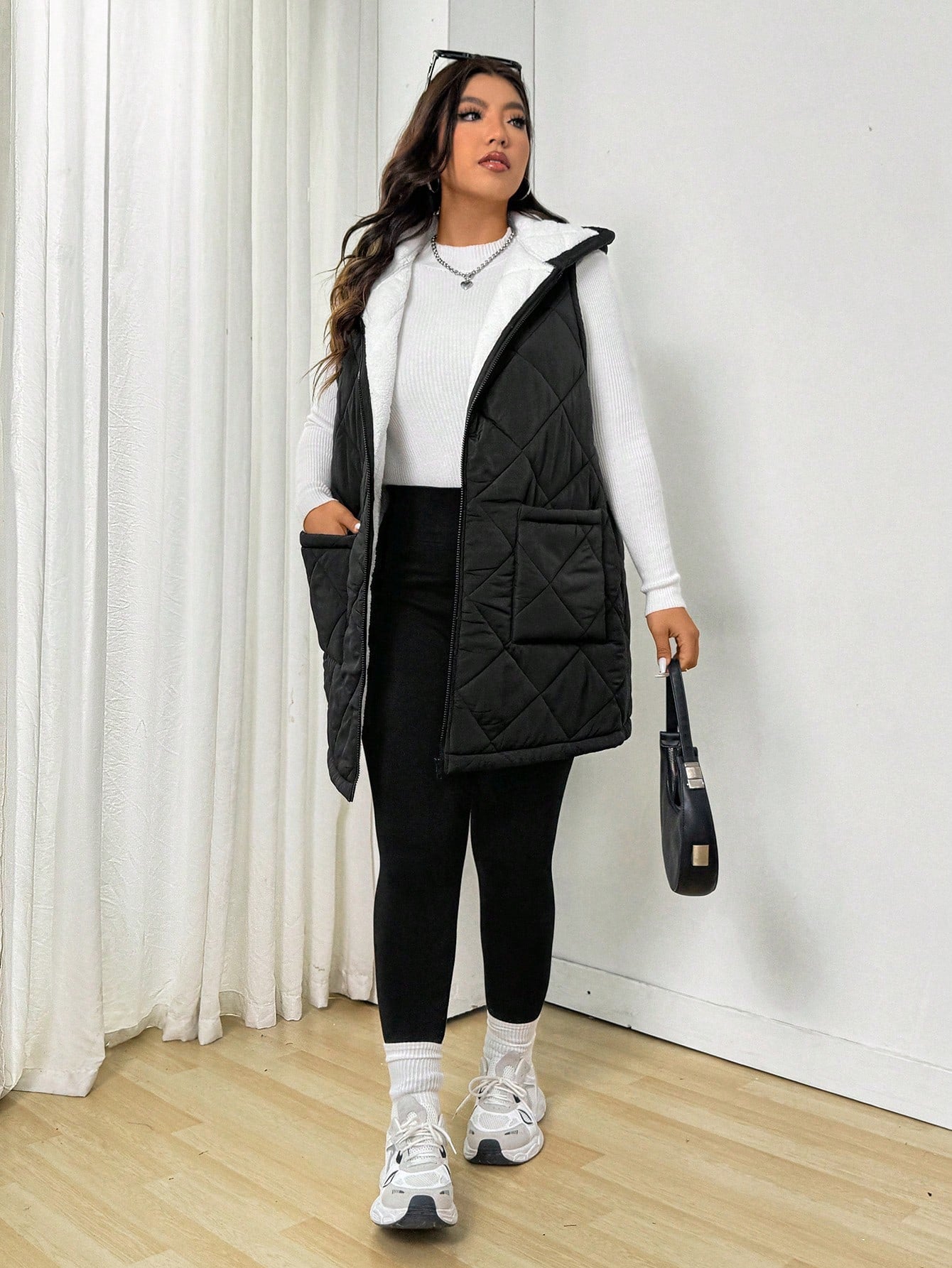 EZwear Plus Size Women,Winter Coat,Long Women Coats,Winter Women Coat,Sleeveless Hooded Padded Black Vest Jacket, Autumn/Winter