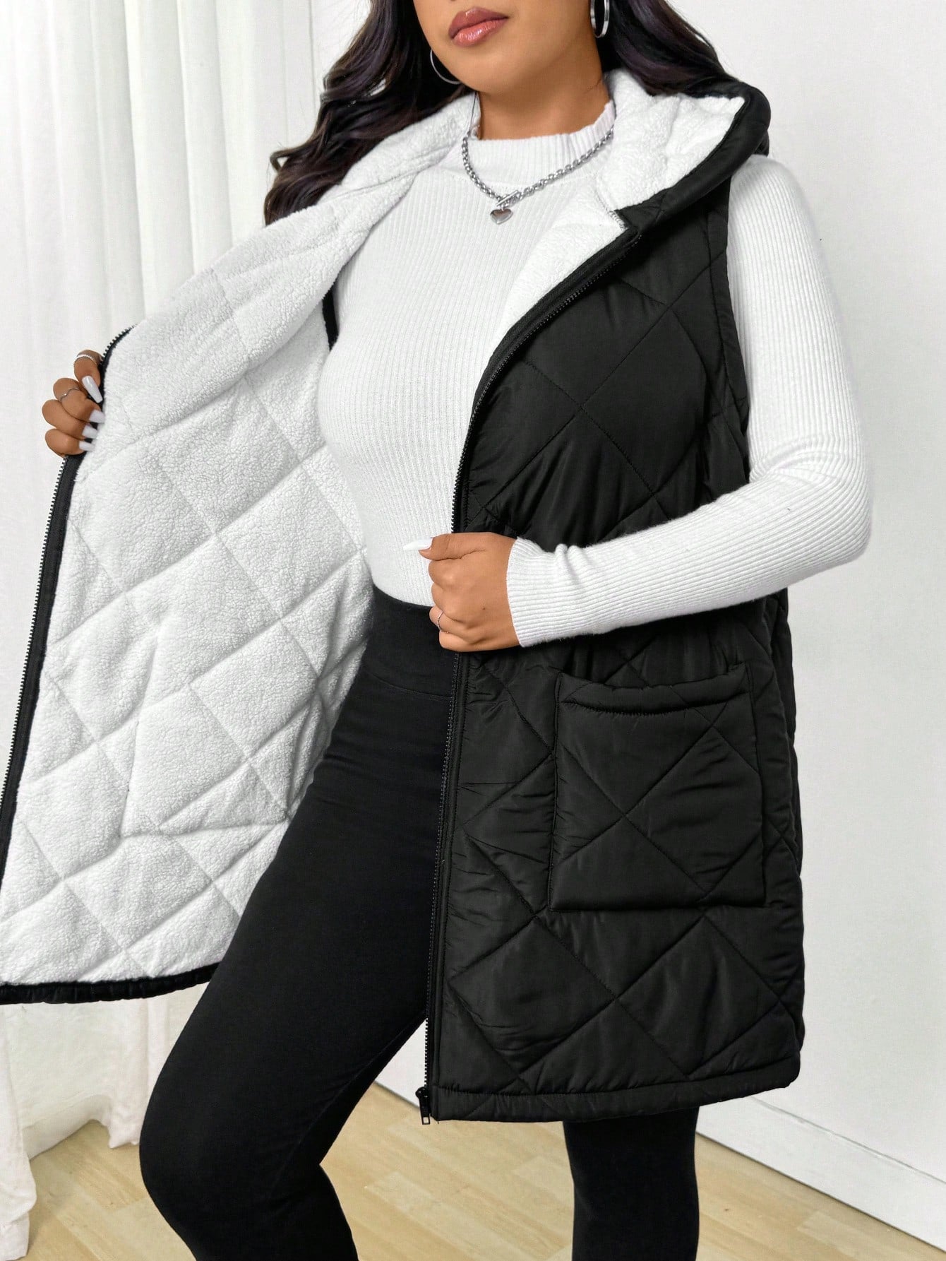 EZwear Plus Size Women,Winter Coat,Long Women Coats,Winter Women Coat,Sleeveless Hooded Padded Black Vest Jacket, Autumn/Winter