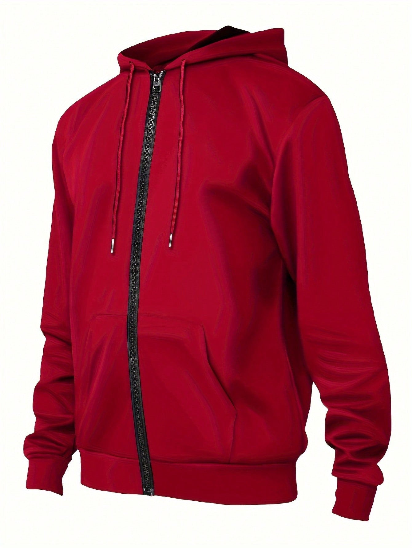 1pc Plain Red Men Jacket, Casual Sports Regular Fit Hooded Zipper Pockets Outdoor Camping Wear