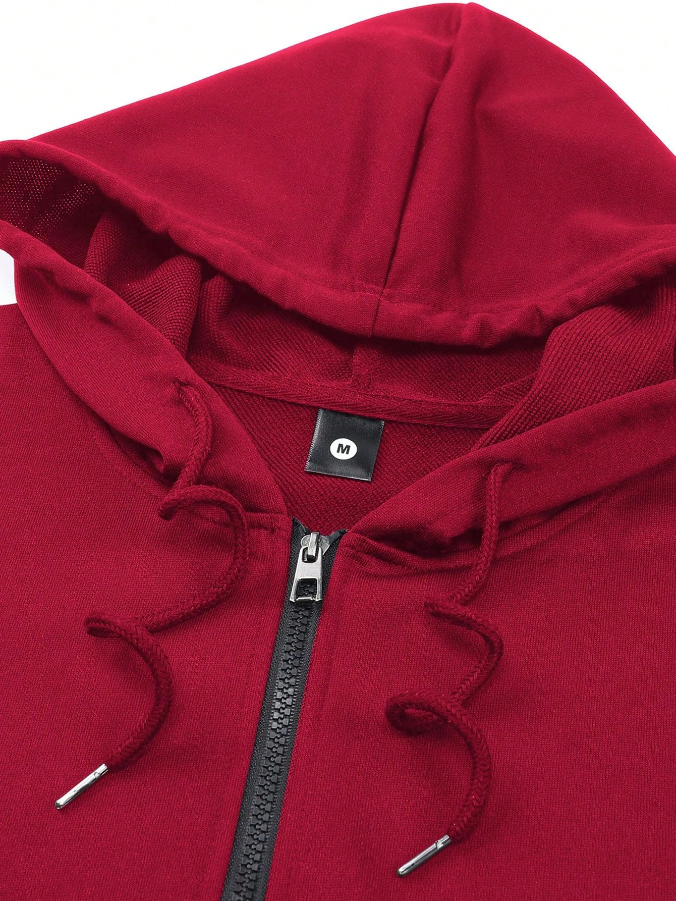 1pc Plain Red Men Jacket, Casual Sports Regular Fit Hooded Zipper Pockets Outdoor Camping Wear