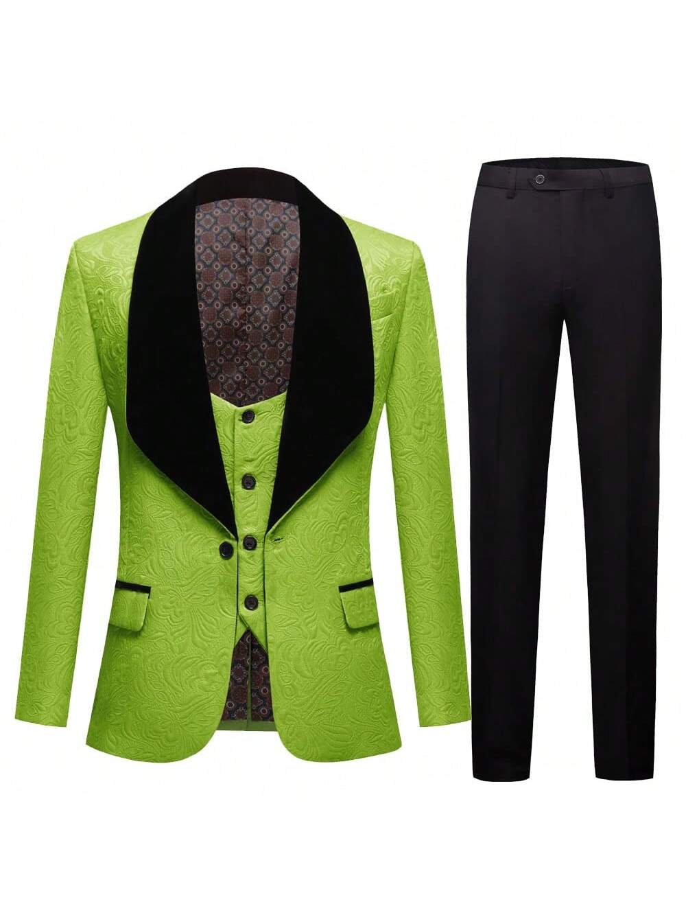 Suits For Men 3 Piece Regular Fit Set With Floral Pattern Blazer Jacket, Waistcoat And Pants For Wedding (Suit Jacket   Pants   Vest)-Green