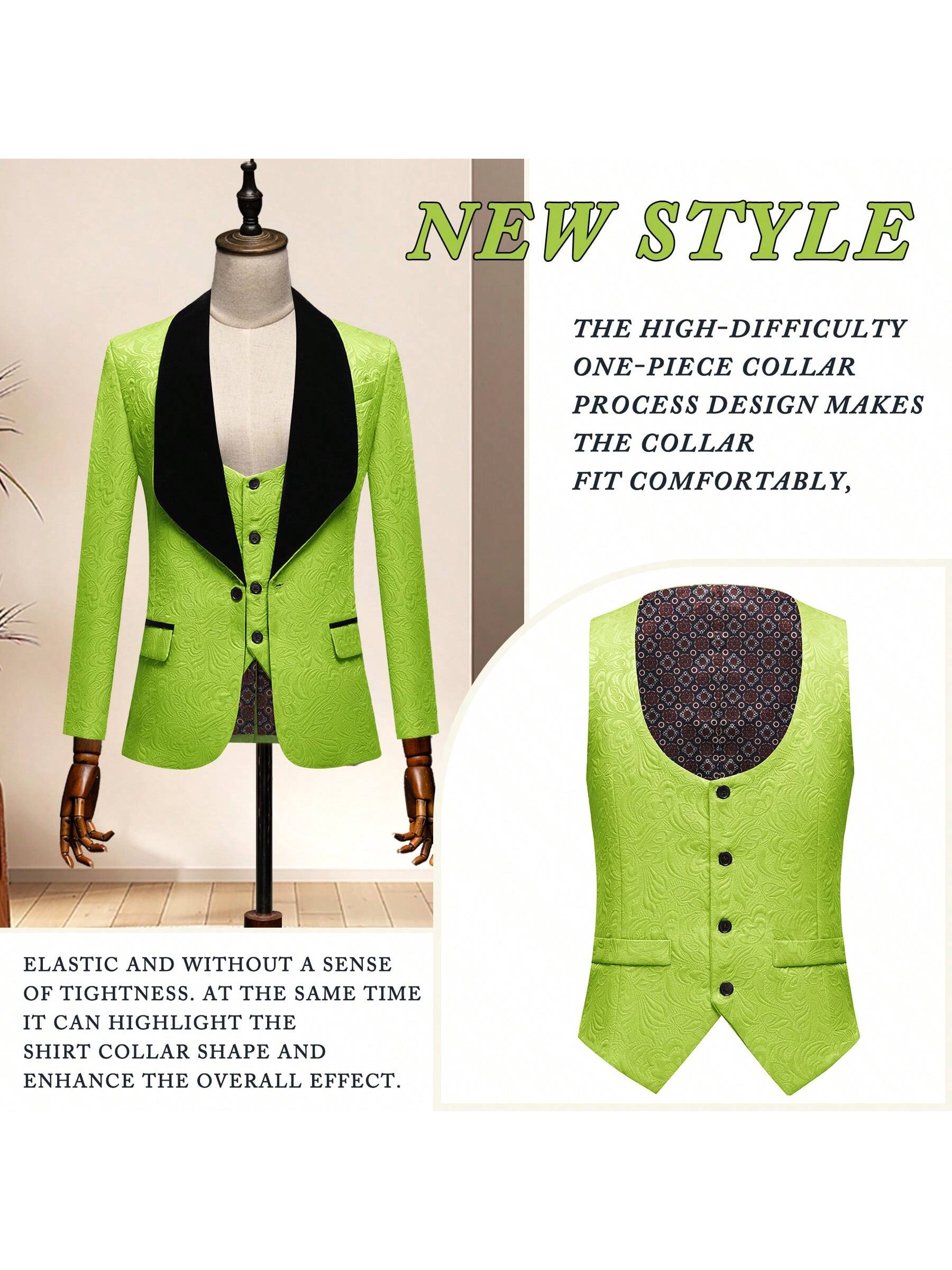 Suits For Men 3 Piece Regular Fit Set With Floral Pattern Blazer Jacket, Waistcoat And Pants For Wedding (Suit Jacket   Pants   Vest)-Green