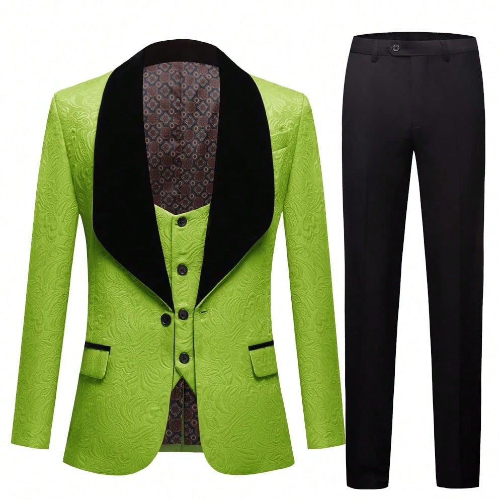 Suits For Men 3 Piece Regular Fit Set With Floral Pattern Blazer Jacket, Waistcoat And Pants For Wedding (Suit Jacket   Pants   Vest)-Green