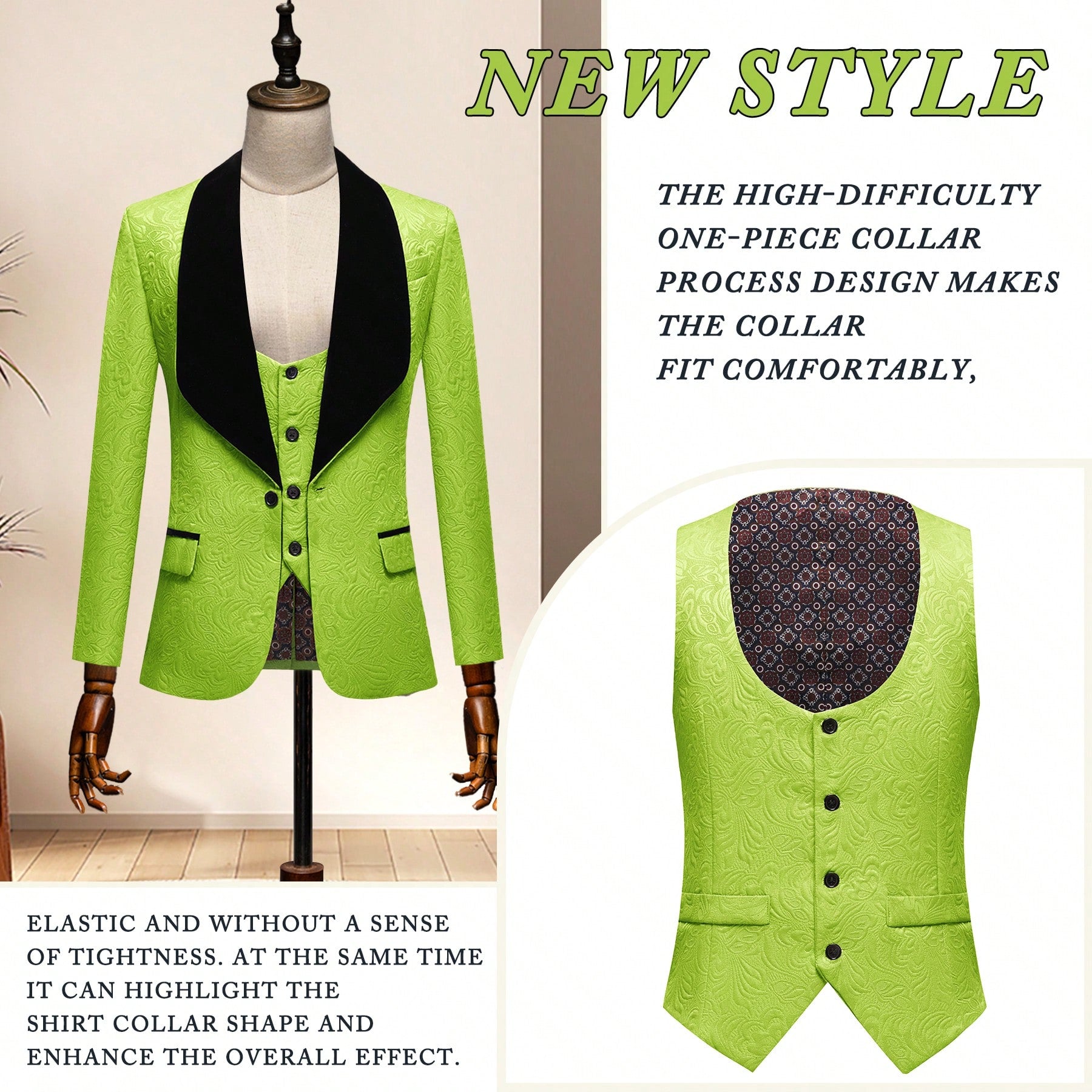 Suits For Men 3 Piece Regular Fit Set With Floral Pattern Blazer Jacket, Waistcoat And Pants For Wedding (Suit Jacket   Pants   Vest)-Green