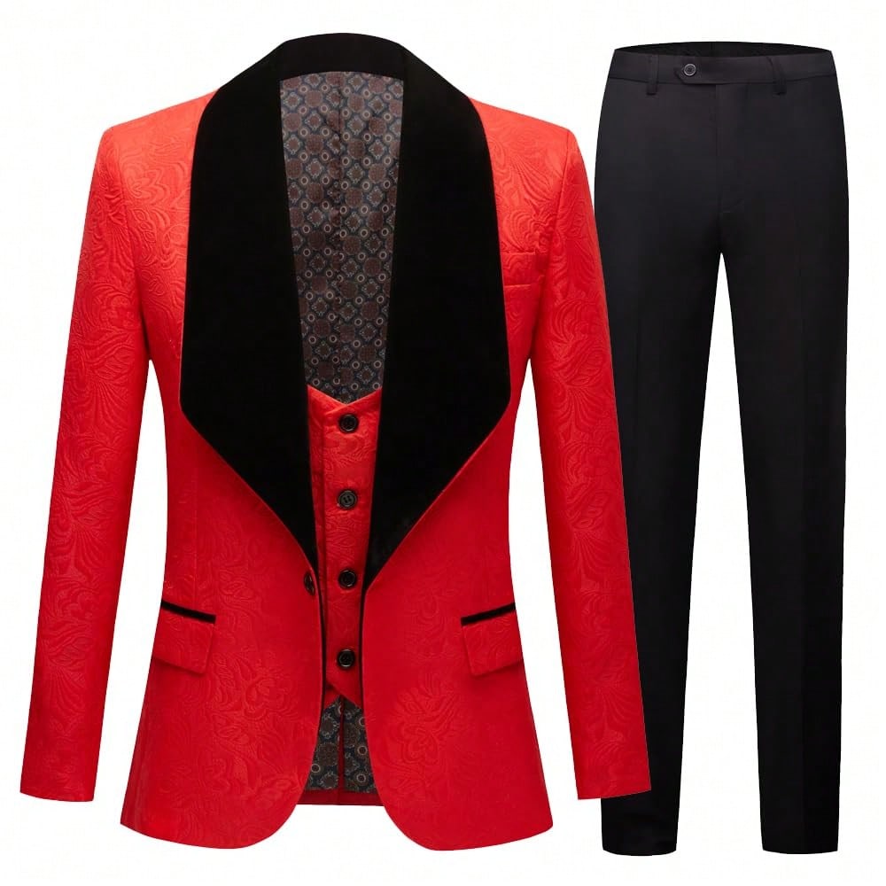 Suits For Men 3 Piece Regular Fit Set With Floral Pattern Blazer Jacket, Waistcoat And Pants For Wedding (Suit Jacket   Pants   Vest)-Red