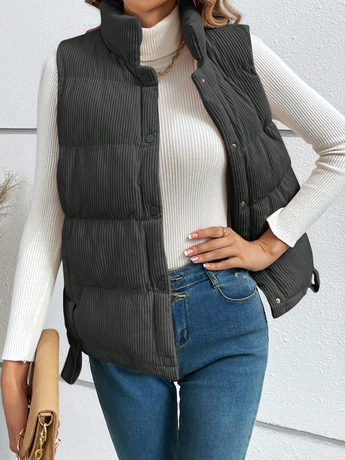 Frenchy Women Casual Solid Color Stand Collar Sleeveless Padded Coat, Winter