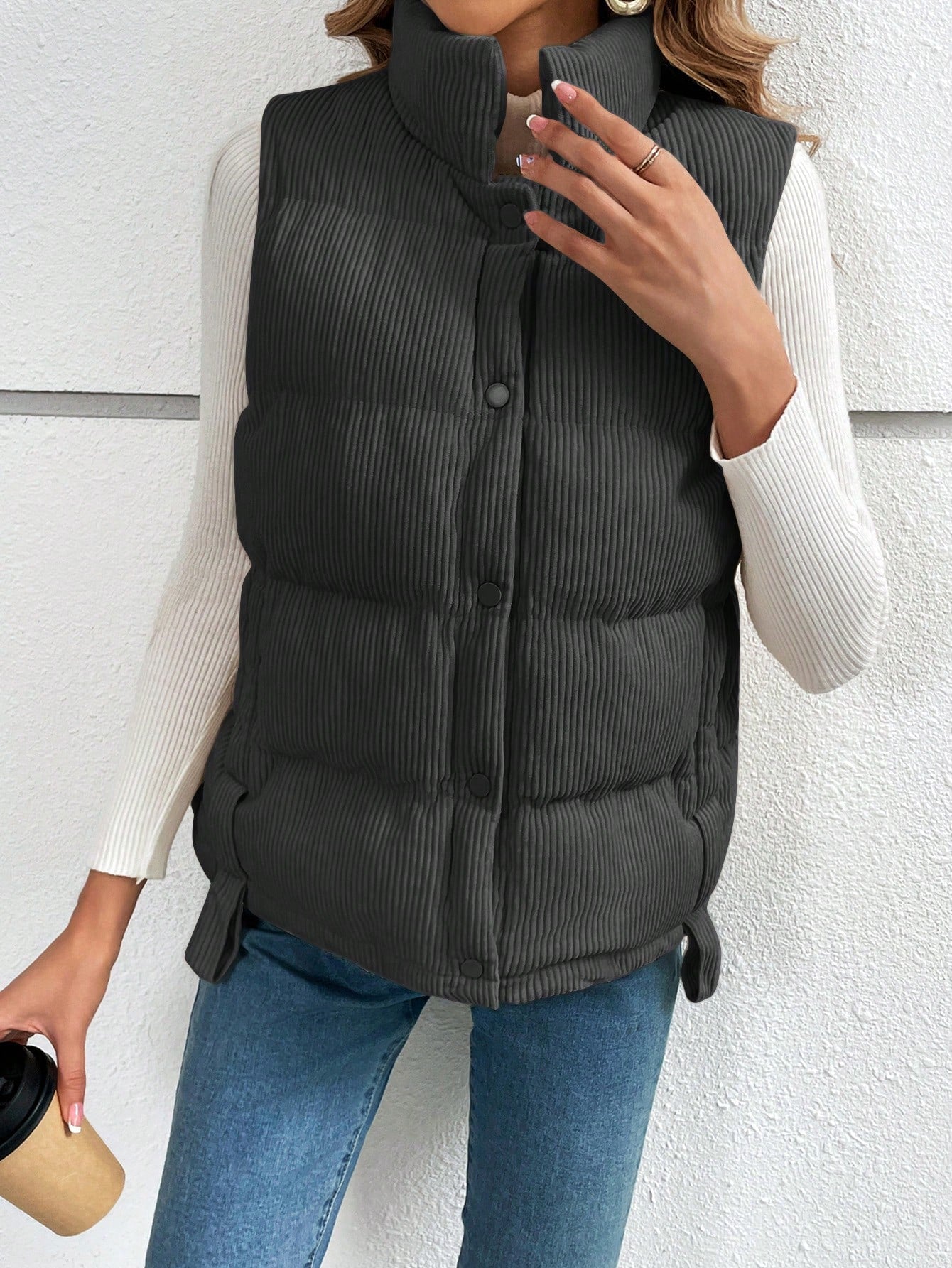 Frenchy Women Casual Solid Color Stand Collar Sleeveless Padded Coat, Winter