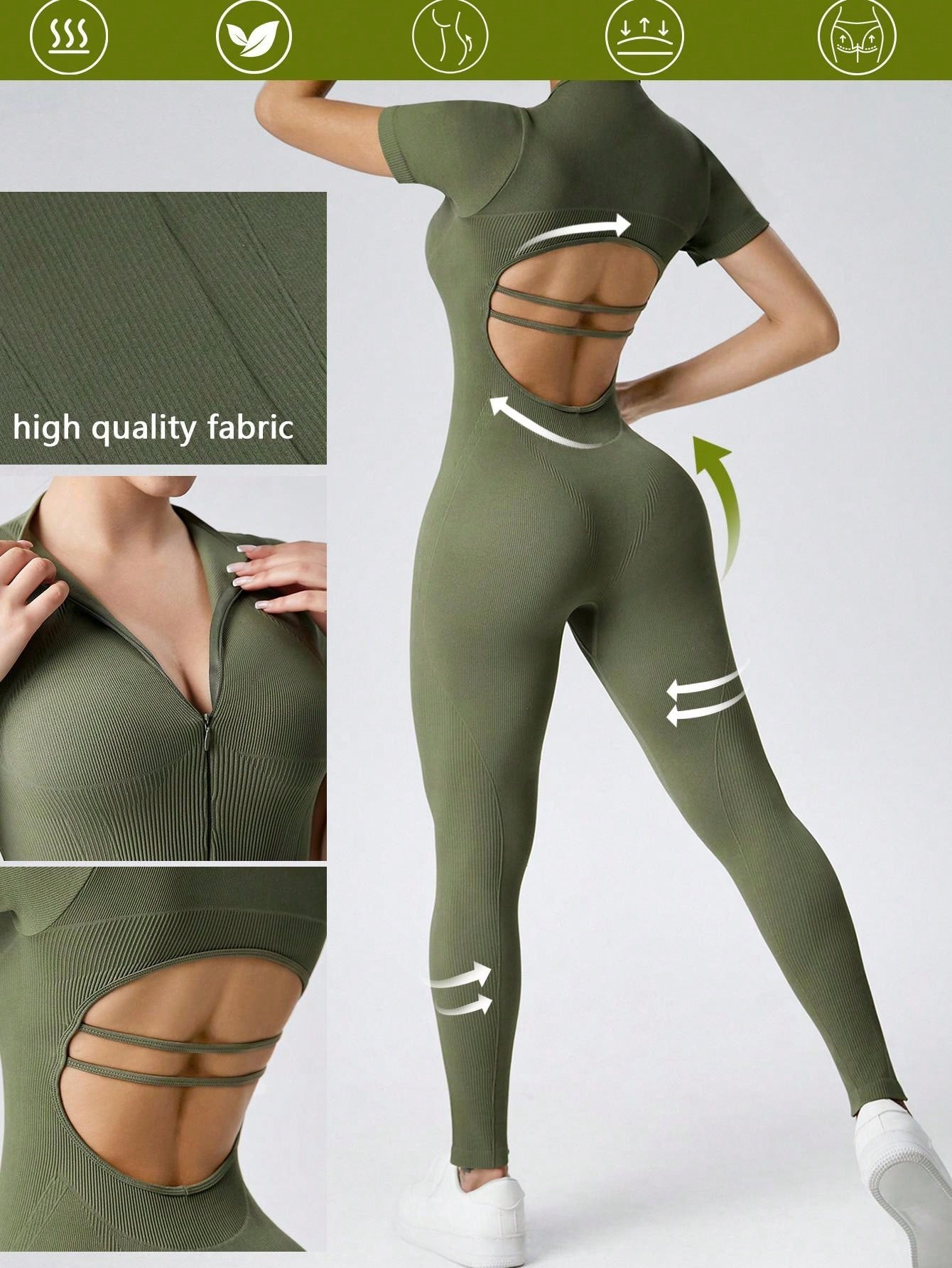 Women's Sexy Backless Zip Up Jumpsuit, Stretch Ribbed Shapewear Yoga Short Sleeve Jumpsuit, Outdoor Sports Fitness Tight Jumpsuit