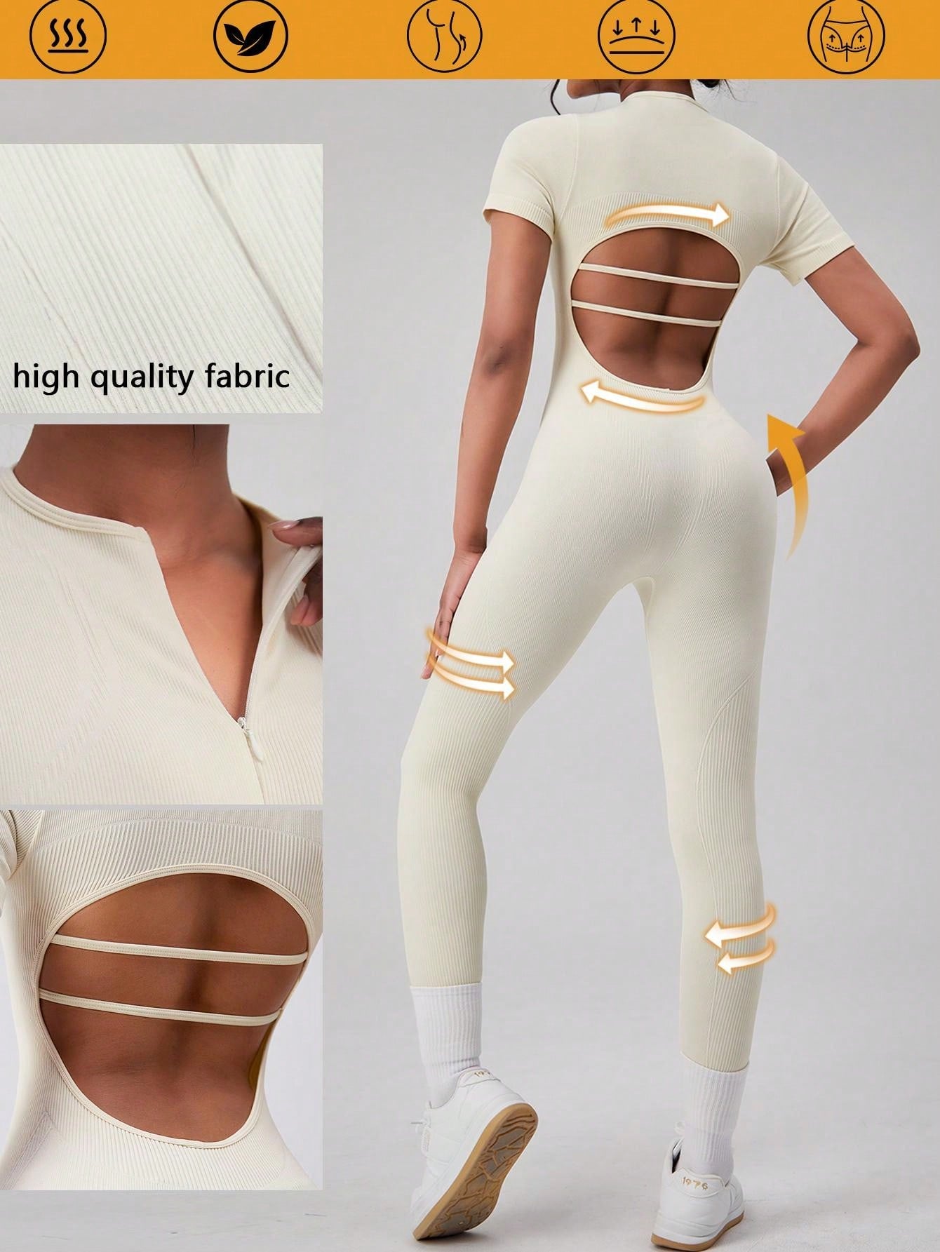 Women's Sexy Backless Zip Up Jumpsuit, Stretch Ribbed Shapewear Yoga Short Sleeve Jumpsuit, Outdoor Sports Fitness Tight Jumpsuit