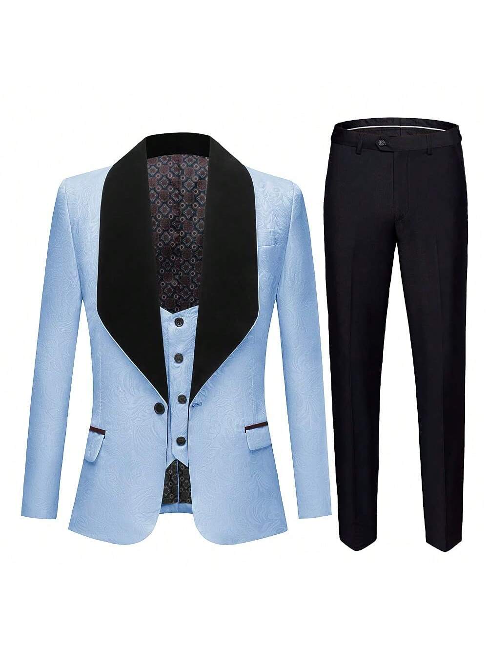 Suits For Men 3 Piece Regular Fit Set With Floral Pattern Blazer Jacket, Waistcoat And Pants For Wedding (Suit Jacket   Pants   Vest)-Blue