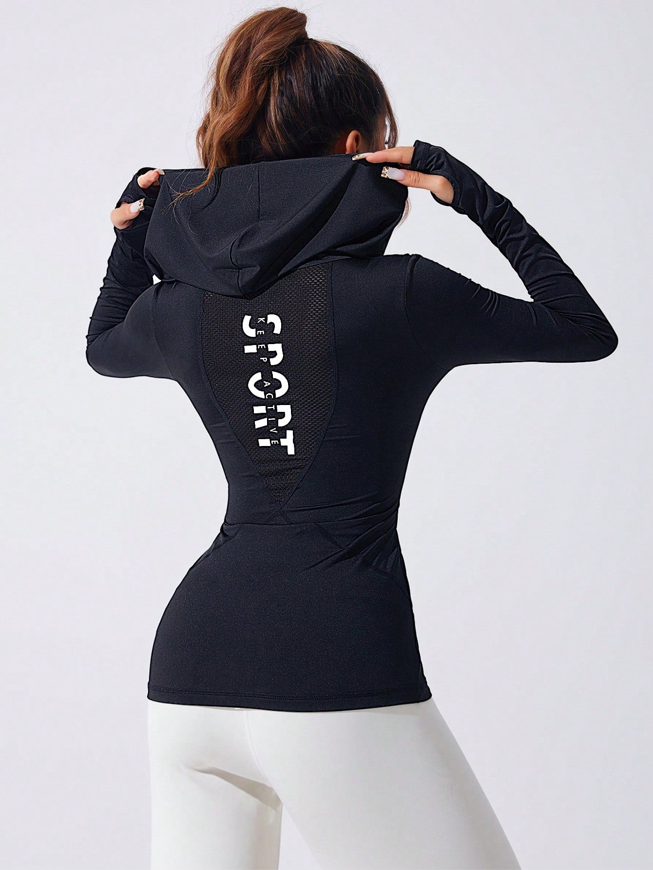 Women Hooded Sweatshirt Long Sleeve Sports Yoga Running Workout Tight Fitted Thumbhole Breathable Casual Patchwork Mesh V-Neck Hoodie