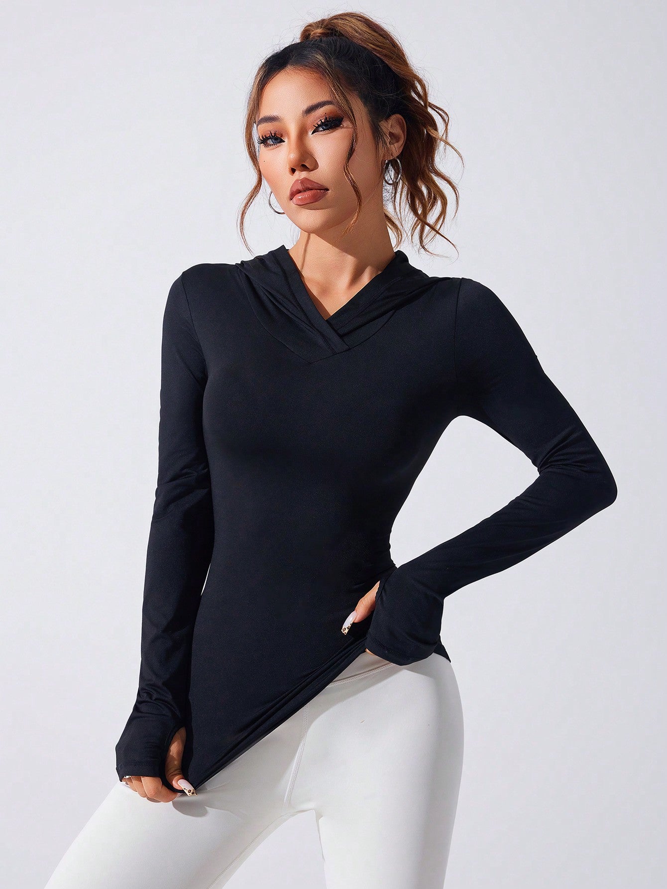 Women Hooded Sweatshirt Long Sleeve Sports Yoga Running Workout Tight Fitted Thumbhole Breathable Casual Patchwork Mesh V-Neck Hoodie