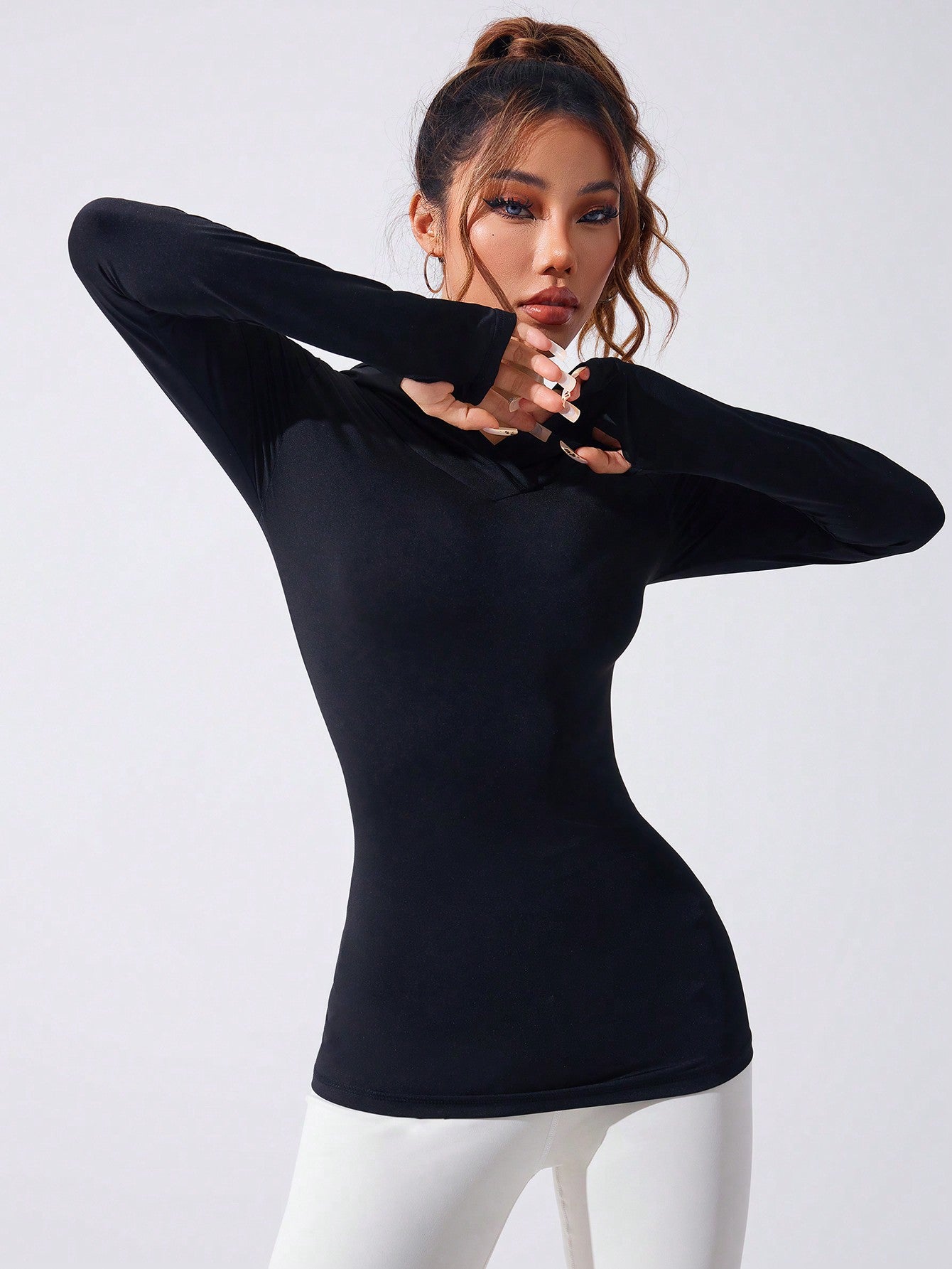 Women Hooded Sweatshirt Long Sleeve Sports Yoga Running Workout Tight Fitted Thumbhole Breathable Casual Patchwork Mesh V-Neck Hoodie