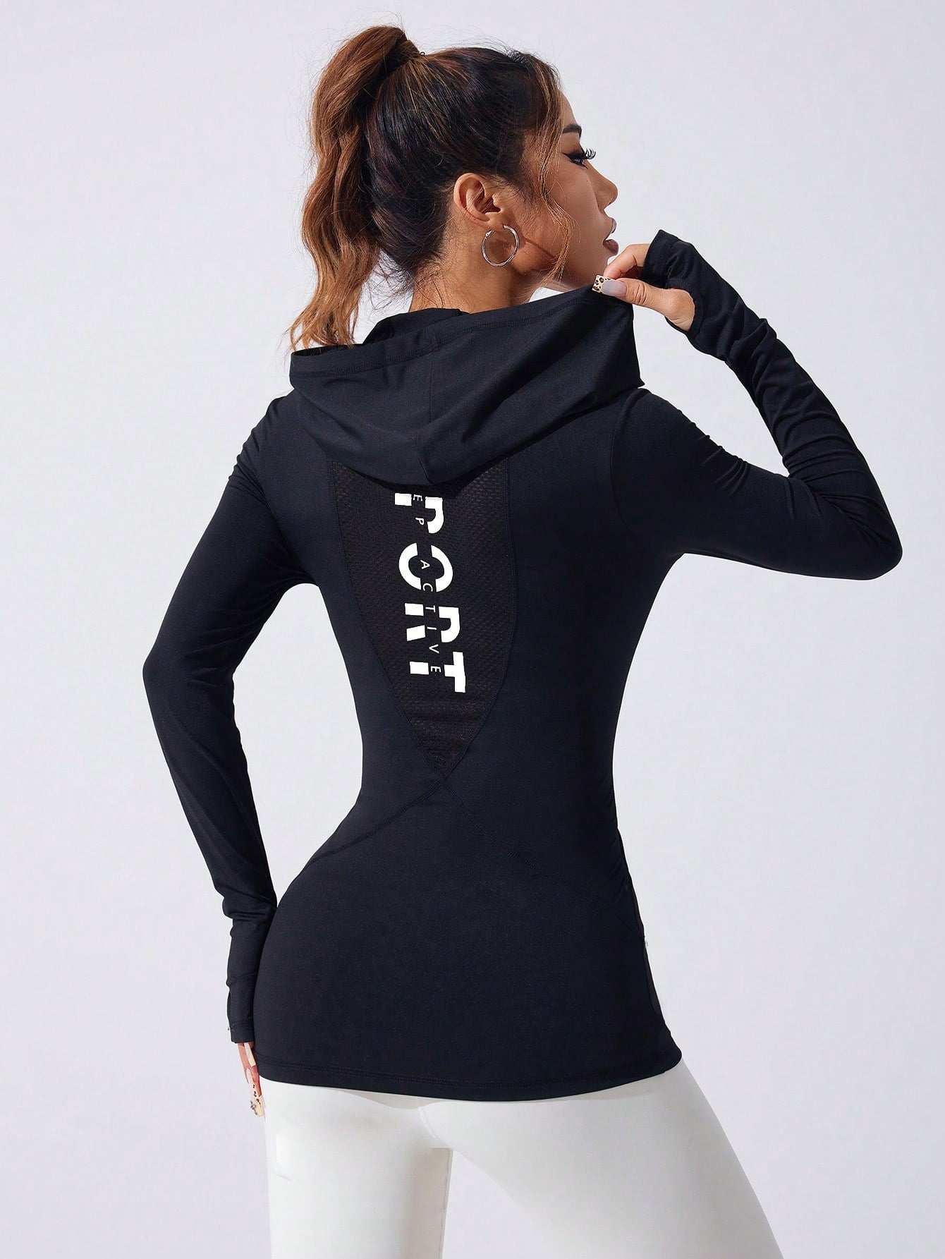 Women Hooded Sweatshirt Long Sleeve Sports Yoga Running Workout Tight Fitted Thumbhole Breathable Casual Patchwork Mesh V-Neck Hoodie