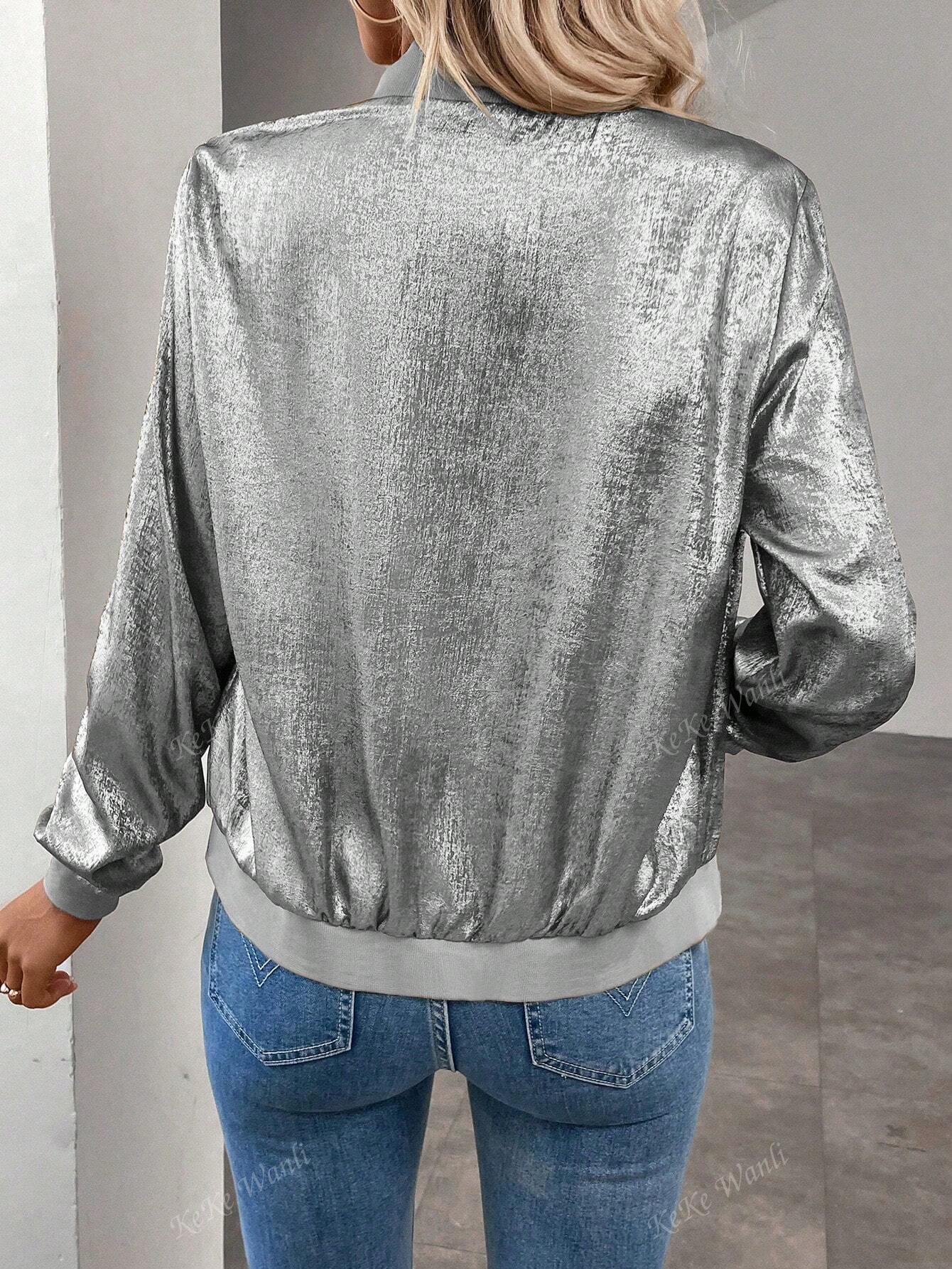 KeKe Wanli Women's Spring Autumn Long Sleeve Zipper Casual Gold Foil Varsity Jacket, Silver Color Foil Regular Style Fashion Trend Bomber