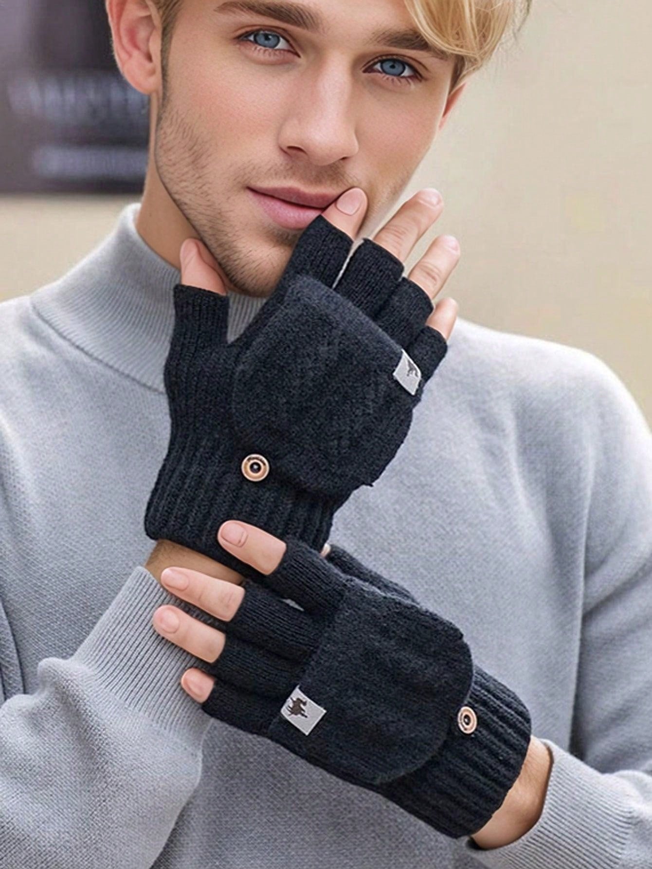 1 Pair Men Plain Winter Thick Warm Gloves, Suitable For Students Writing