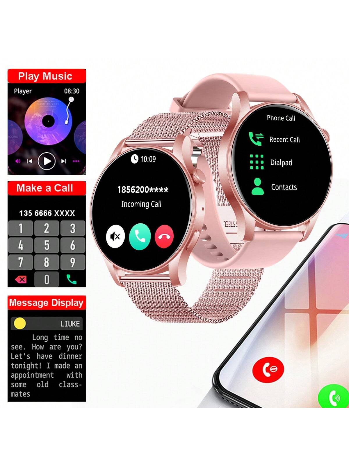 1pc Women's Smartwatch With Calling Function, Heart Rate Monitor, Fitness Tracker, Multiple Sports Modes, Weather, Stopwatch, Music Player, Compatible With IPhone And Android Phones