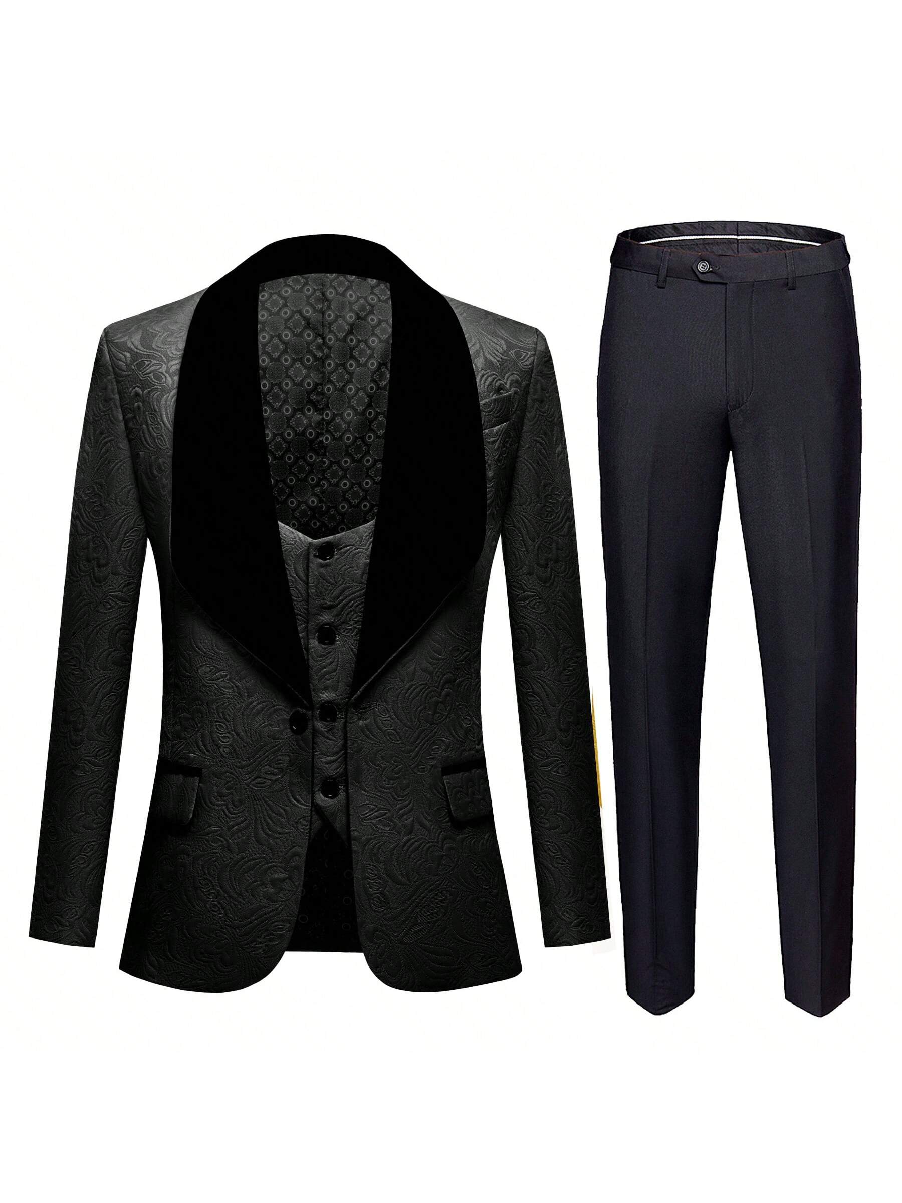 Suits For Men 3 Piece Regular Fit Set With Floral Pattern Blazer Jacket, Waistcoat And Pants For Wedding (Suit Jacket   Pants   Vest)-Black