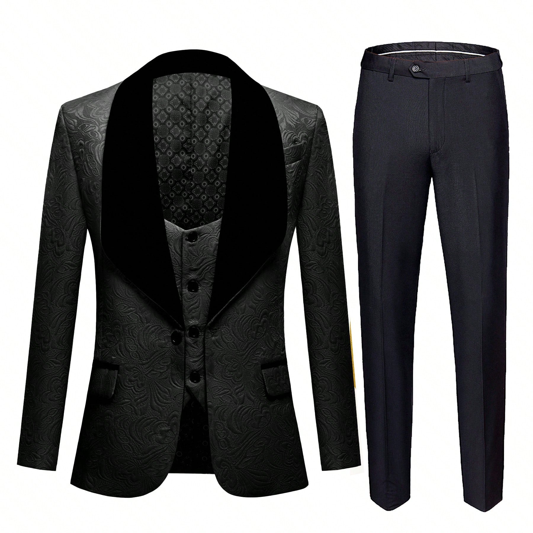 Suits For Men 3 Piece Regular Fit Set With Floral Pattern Blazer Jacket, Waistcoat And Pants For Wedding (Suit Jacket   Pants   Vest)-Black