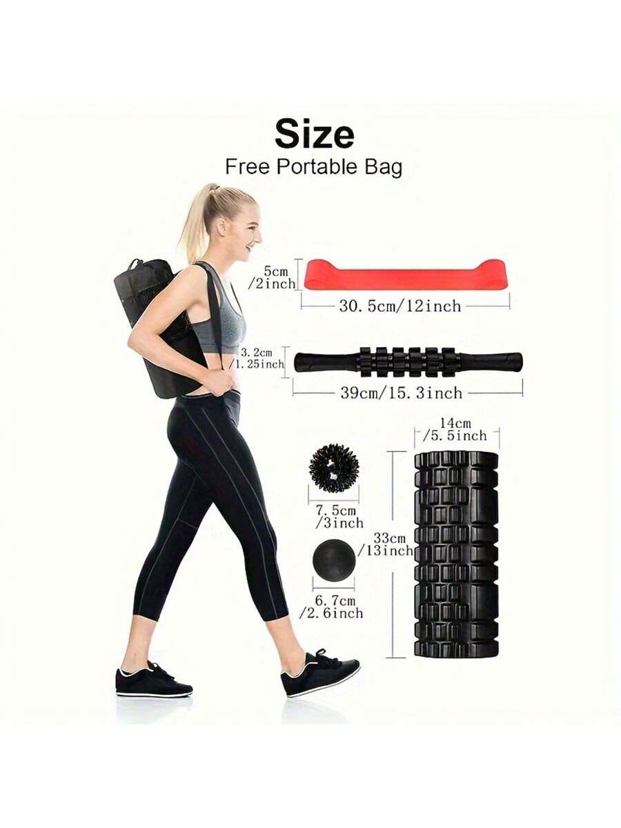 6-Piece Muscle Training Set – Includes Yoga Stick, Massage And Therapy Balls, Stretching Bands, Foam Roller With Carrying Case – The Ultimate Pilates, Yoga, And Post-Workout Recovery Tool