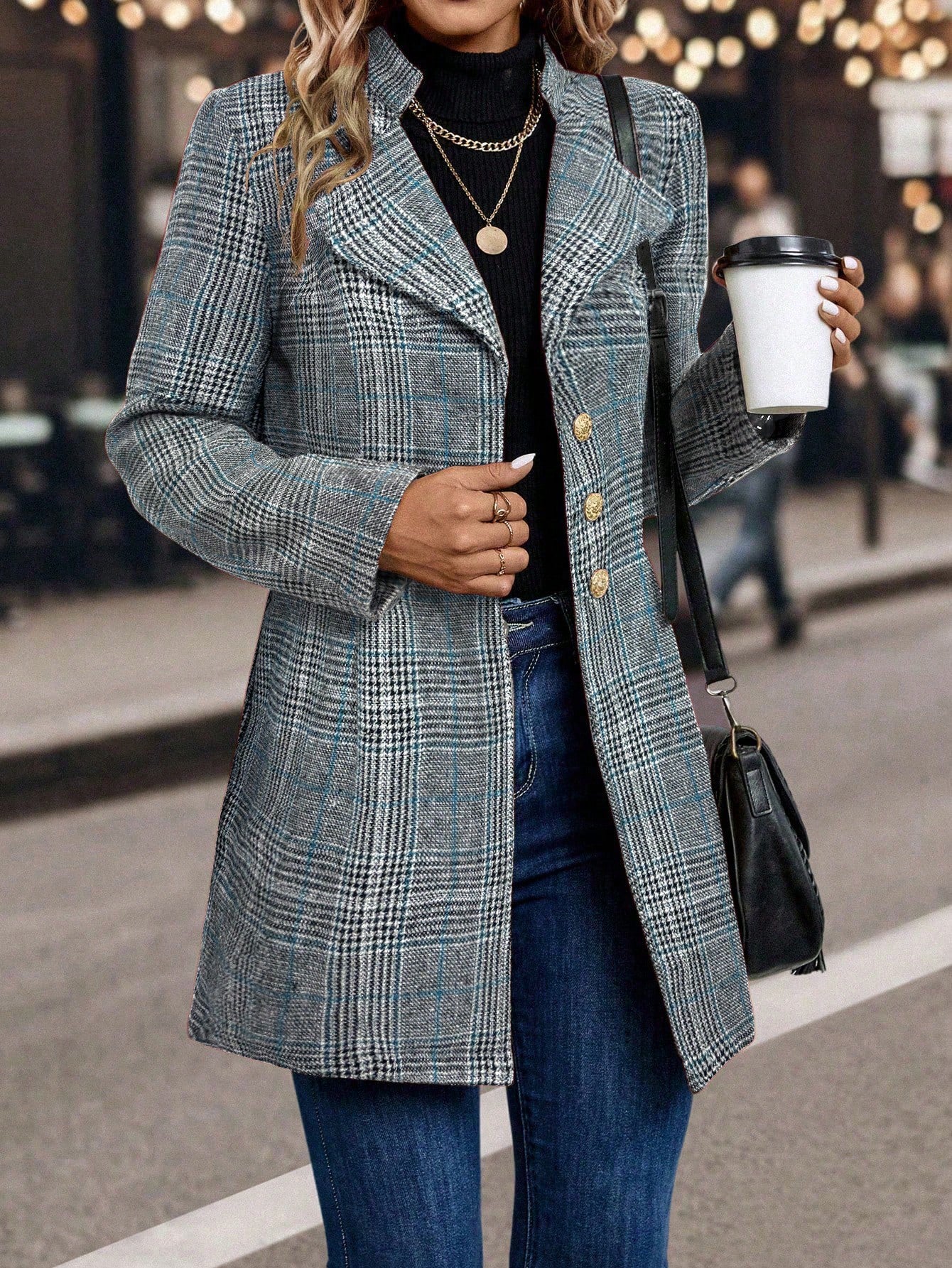 Clasi Women Plaid Printed Lapel Mid-Length Overcoat, Autumn/Winter